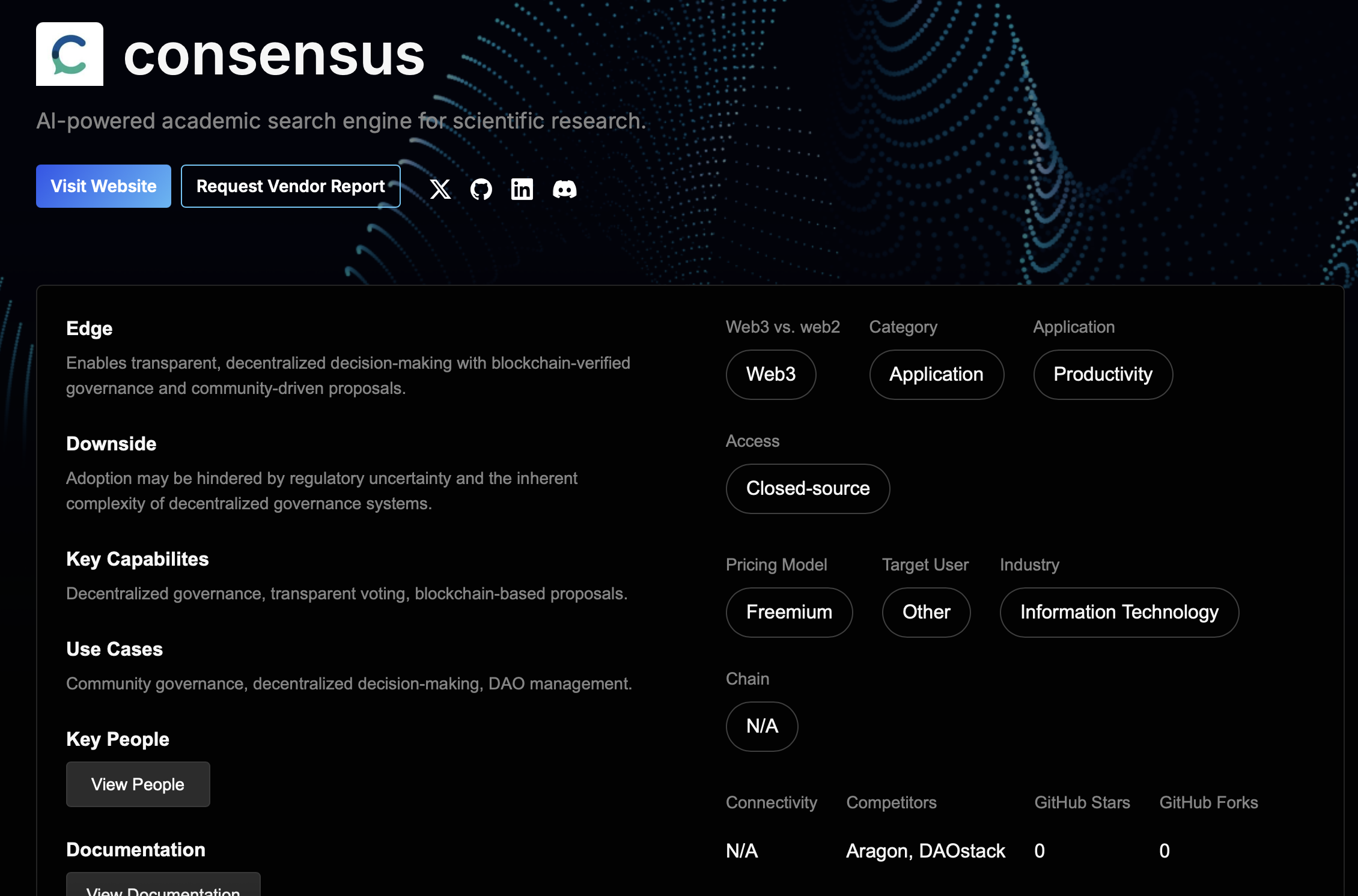 Screenshot of a website for Consensus, an AI-powered academic search engine. The page displays information about a Web3 application called Edge, including its features, development details, and key people.