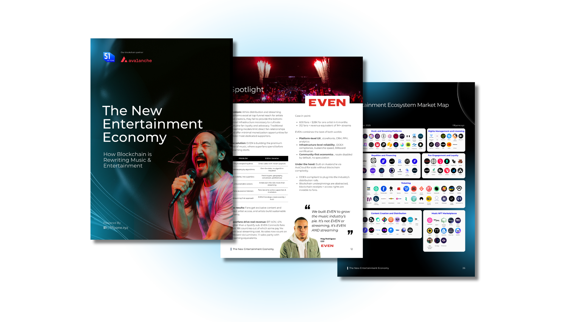 Digital brochure titled 'The New Entertainment Economy' with a photo of a man singing into a microphone, colorful background, and pages with text, charts, and icons related to blockchain and music streaming.