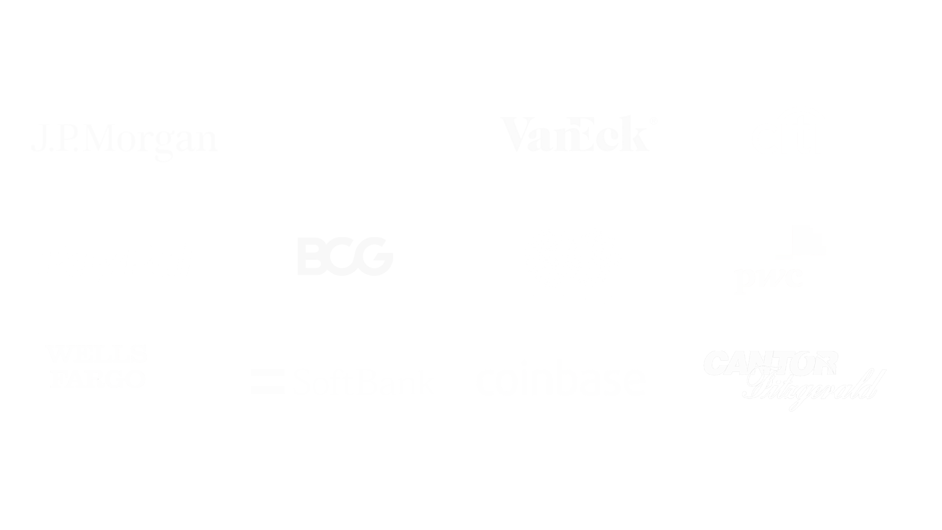 Collection of logos of major financial and technology companies, including J.P. Morgan, Google, VanEck, Citi, PayPal, BCG, Mastercard, PNC, Wells Fargo, SoftBank, Coinbase, and Citigroup.