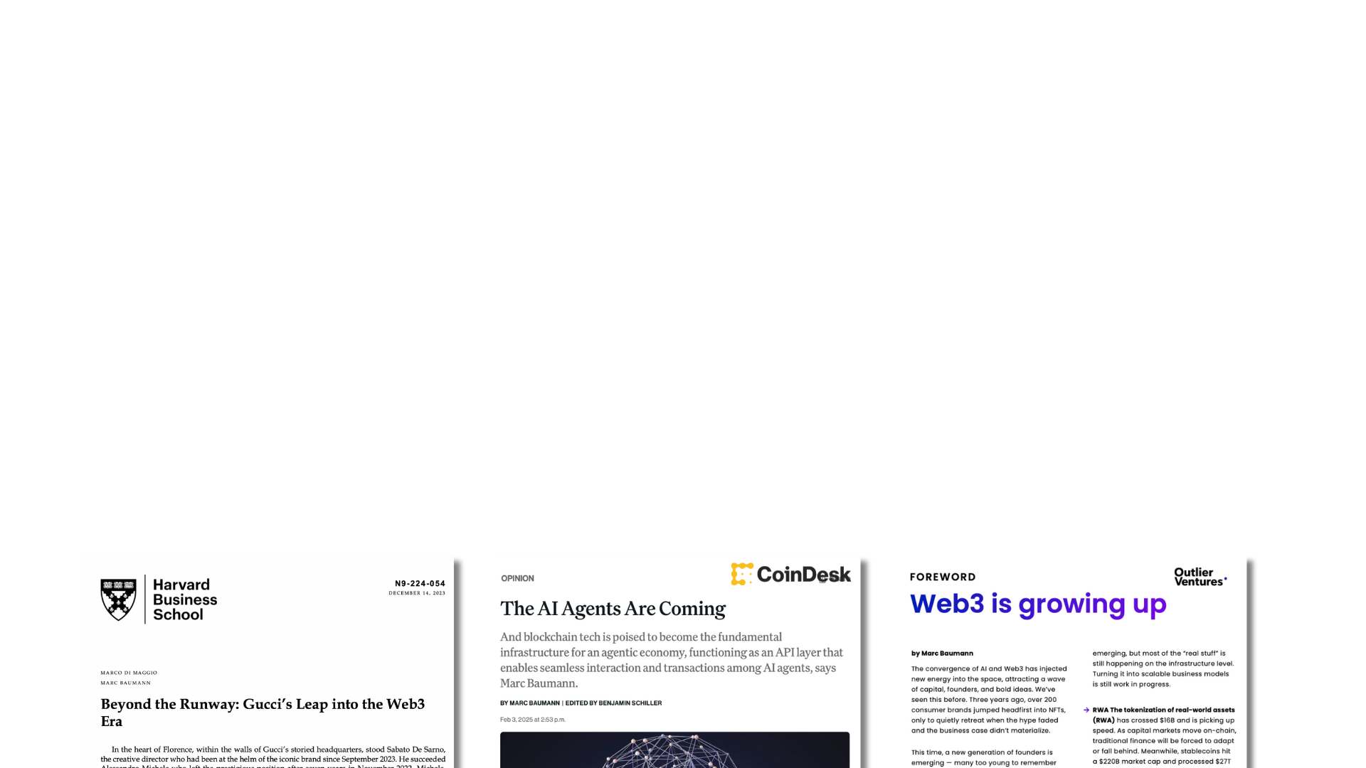 A collage of three academic papers or articles with titles related to Web3 and blockchain technology, from Harvard Business School, CoinDesk, and Outlier Ventures.