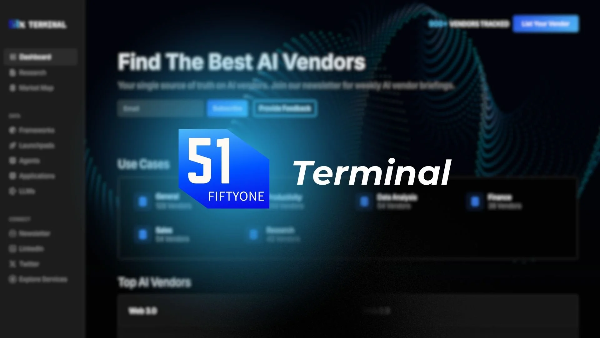 Screenshot of a webpage titled 'Find The Best AI Vendors' with a blue and white logo of a periodic table element '51' labeled 'Fiftyone', and the word 'Terminal' overlayed. The webpage has a dark background with a sidebar menu on the left and a search bar.