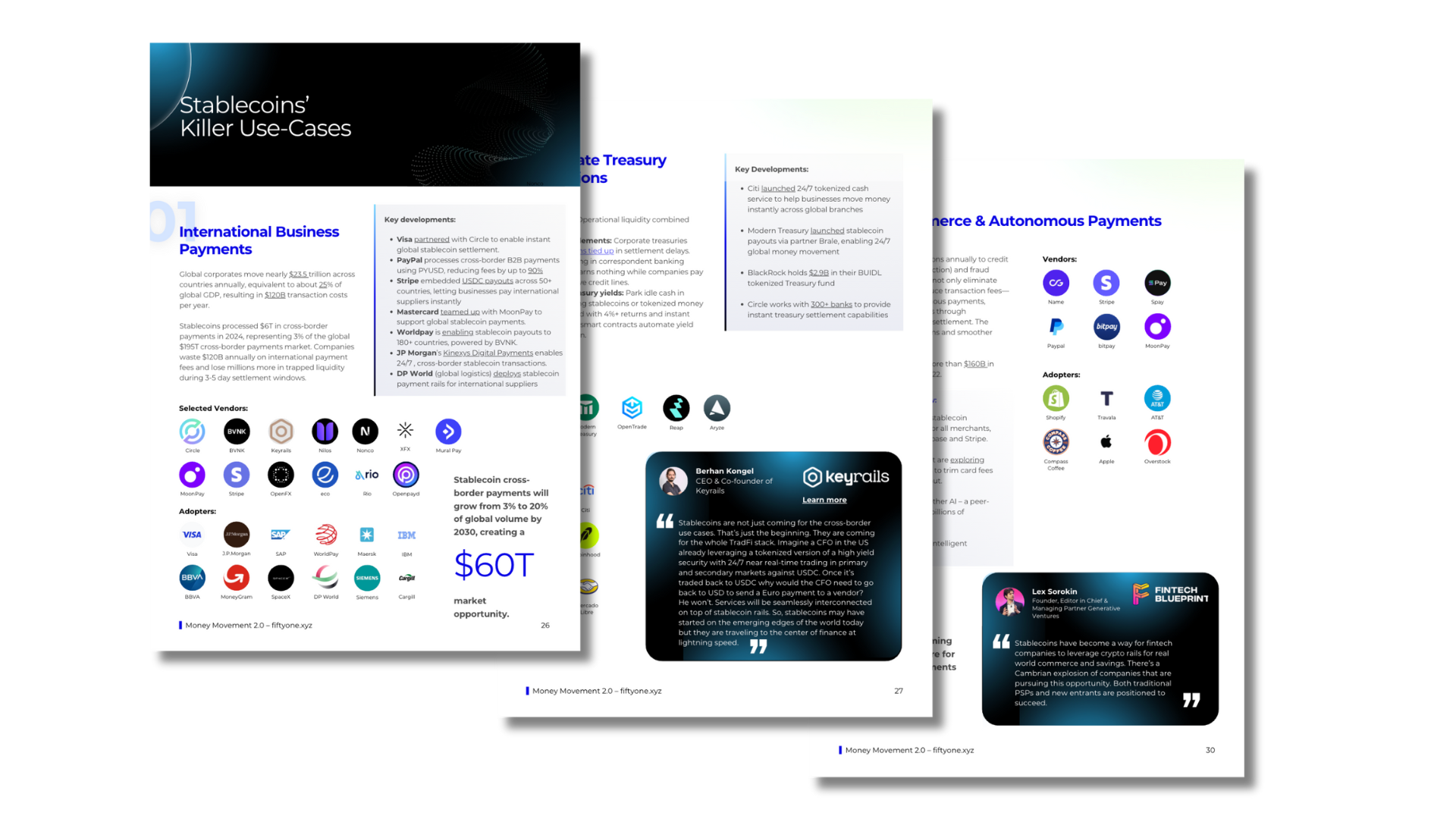 Pages from a report or presentation slide deck showing information about stablecoins and cross-border payments, including vendor logos, key developments, and expert quotes.