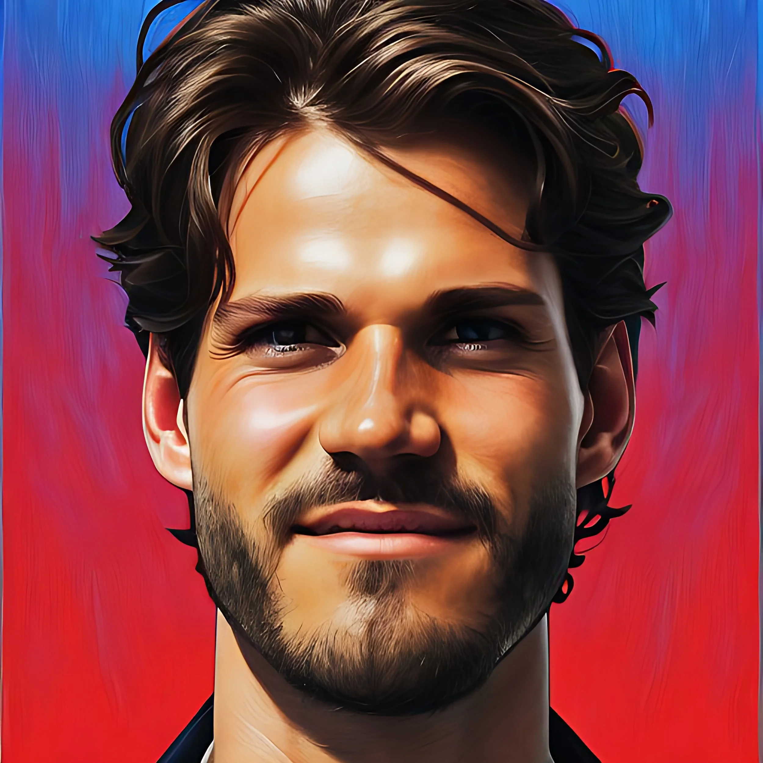 A digital illustration of a young man with dark, wavy hair, a short beard, and a slight smile, set against a colorful, abstract background.