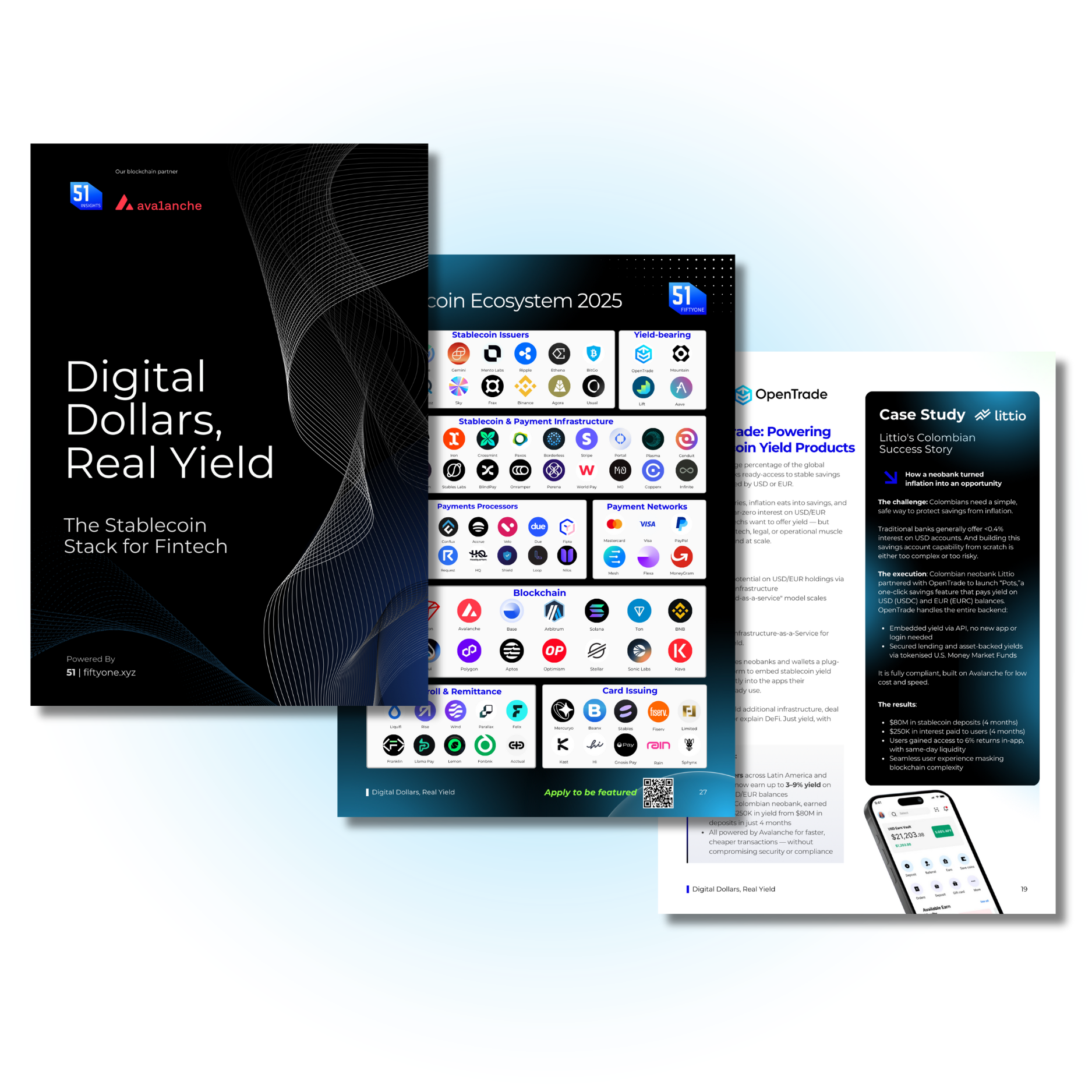 Cover page of a report titled 'Digital Dollars, Real Yield' about the stablecoin stack for fintech, with additional pages showing the crypto ecosystem and case study.