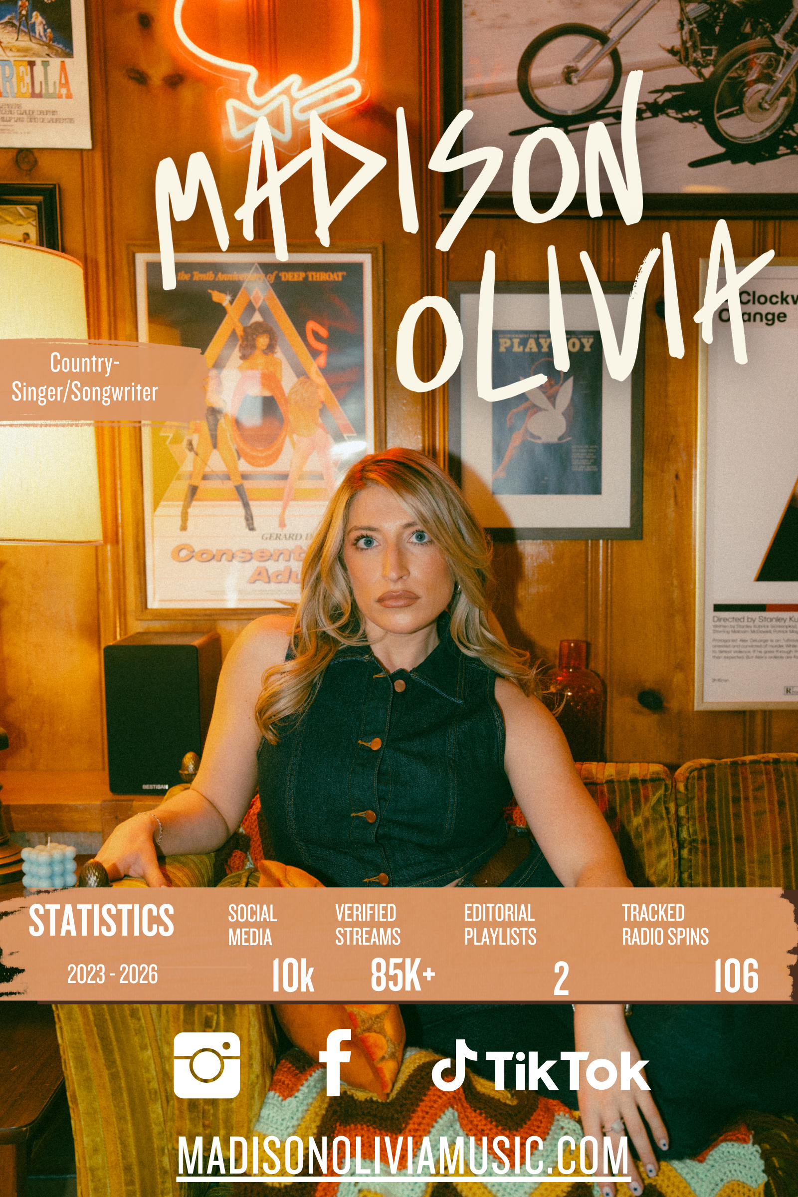 A woman seated at a table in a wood-paneled room with vintage posters on the wall. Overlaid on the image are statistics related to her social media growth and music career, indicating she is Madison Olivia, a country pop-rock singer-songwriter.