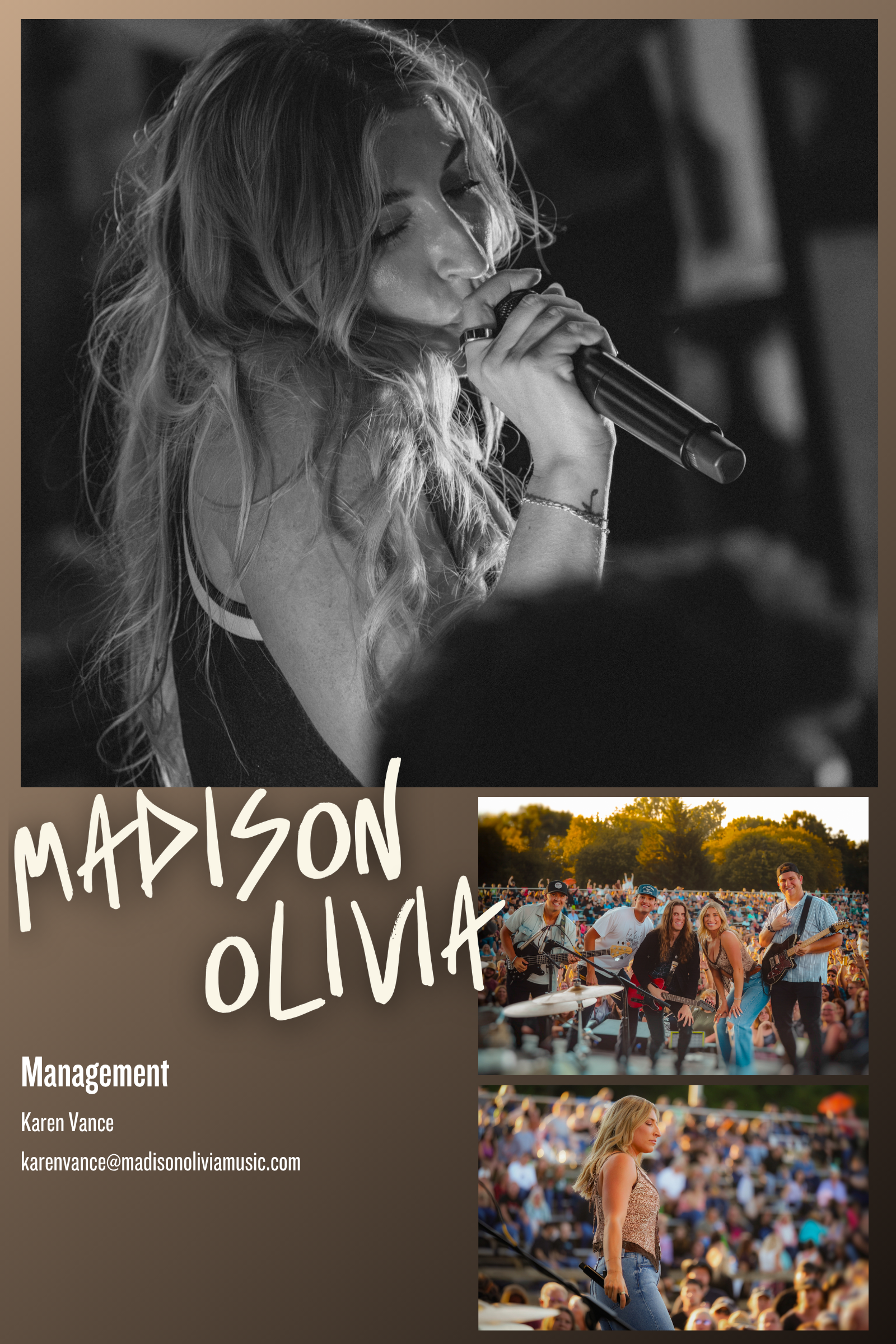 Black and white photo of a woman singing into a microphone, with her eyes closed and long wavy hair, at a live music event. The background shows a crowd and outdoor setting.