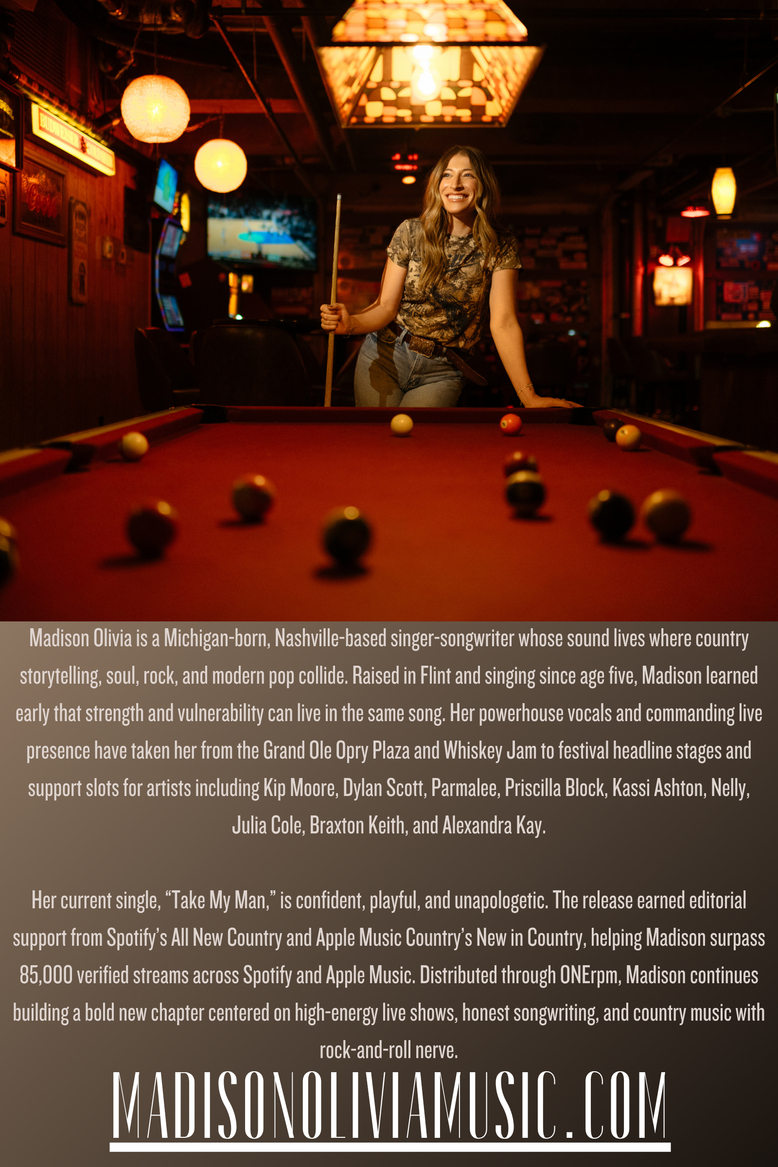 Text overlay on a promotional poster for Madison Olivia's music career, featuring her photo, decorative lighting, and framed posters on a wooden wall.