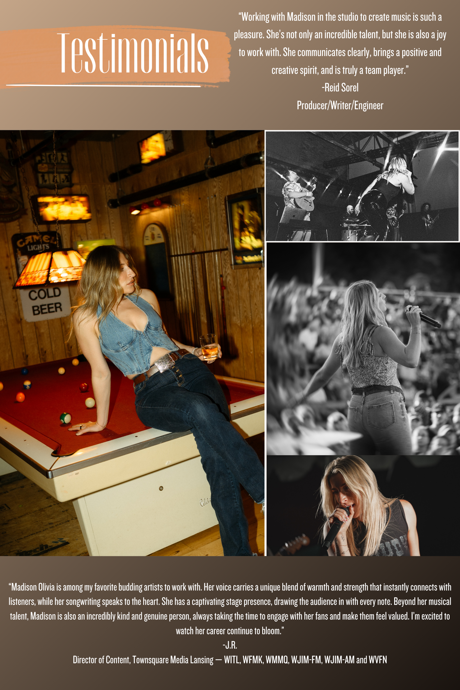 A collage of black and white and color photos of singer Madison Olivia performing on stage, with a testimonial quote praising her talent and personality, and a paragraph describing her qualities as an artist.