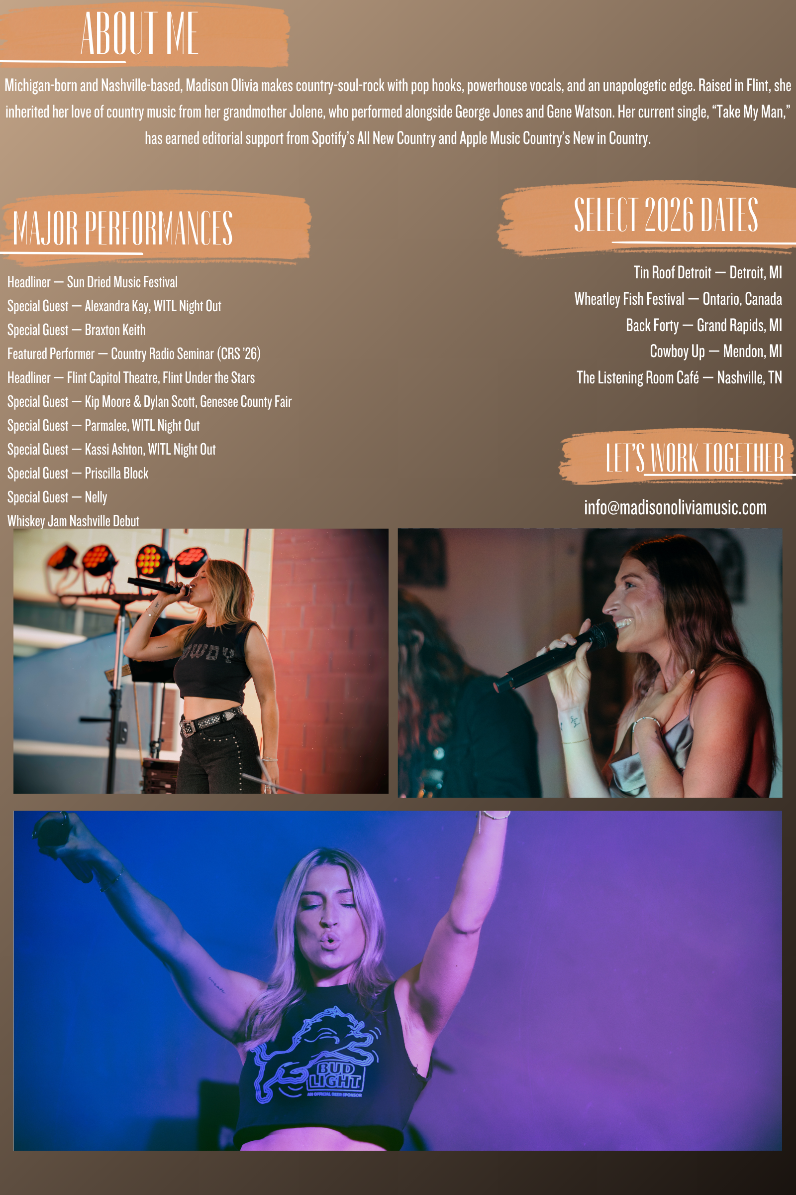 A graphic design poster with an 'About Me' section, listing artist's major performances, upcoming shows, and contact information. The poster features two photos of musicians, one singing on stage and another posing with a fan, along with a large image of a woman with blonde hair singing passionately with her eyes closed.