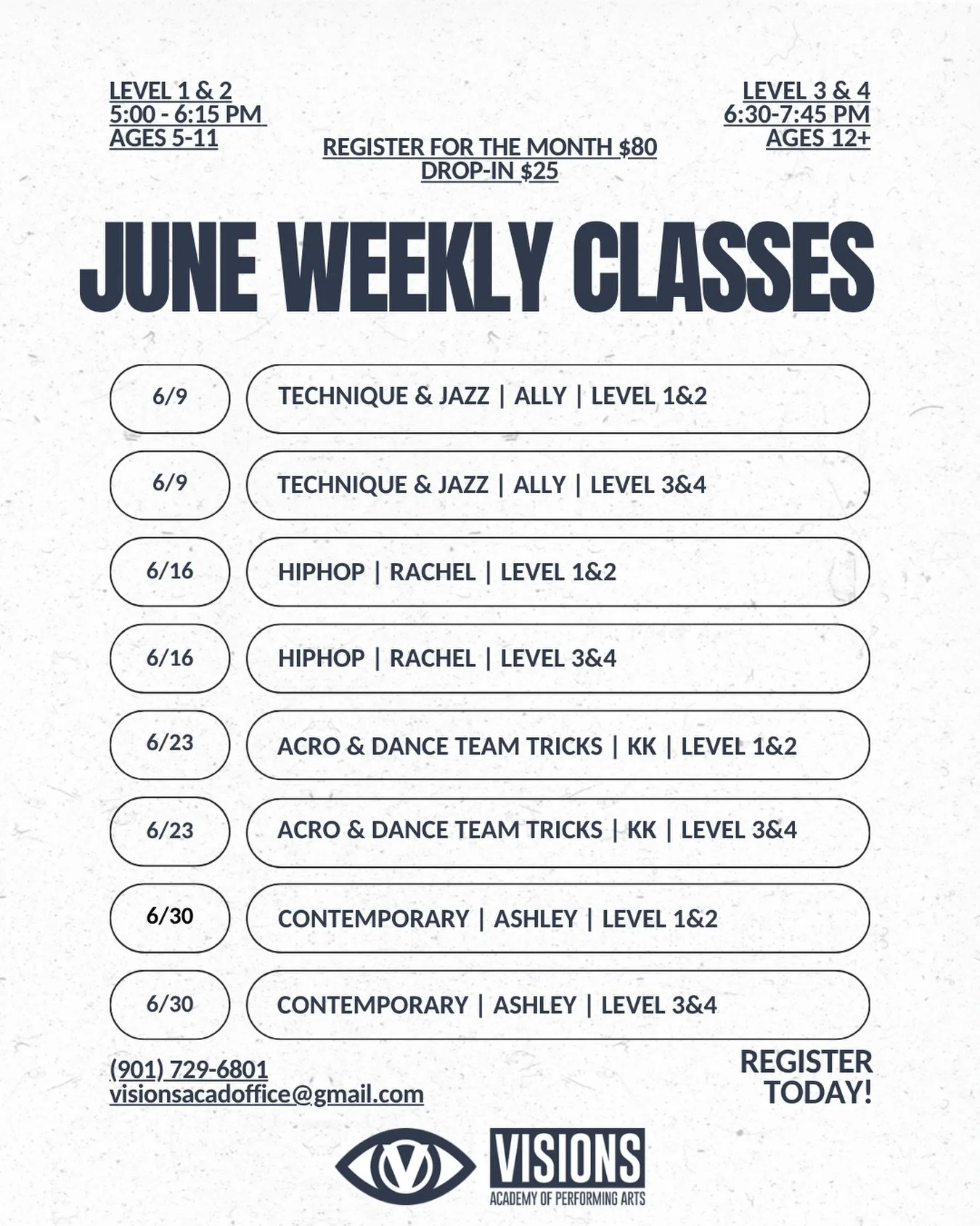 🔜 𝑾𝑬𝑬𝑲𝑳𝒀 𝑺𝑼𝑴𝑴𝑬𝑹 𝑫𝑨𝑵𝑪𝑬 𝑪𝑳𝑨𝑺𝑺𝑬𝑺 start on June 9th! Make sure you register to save your spot. 

Already a student? ➡️ Sign-up through Jackrabbit 
New student? ➡️ Email visionsacadoffice@gmail.com