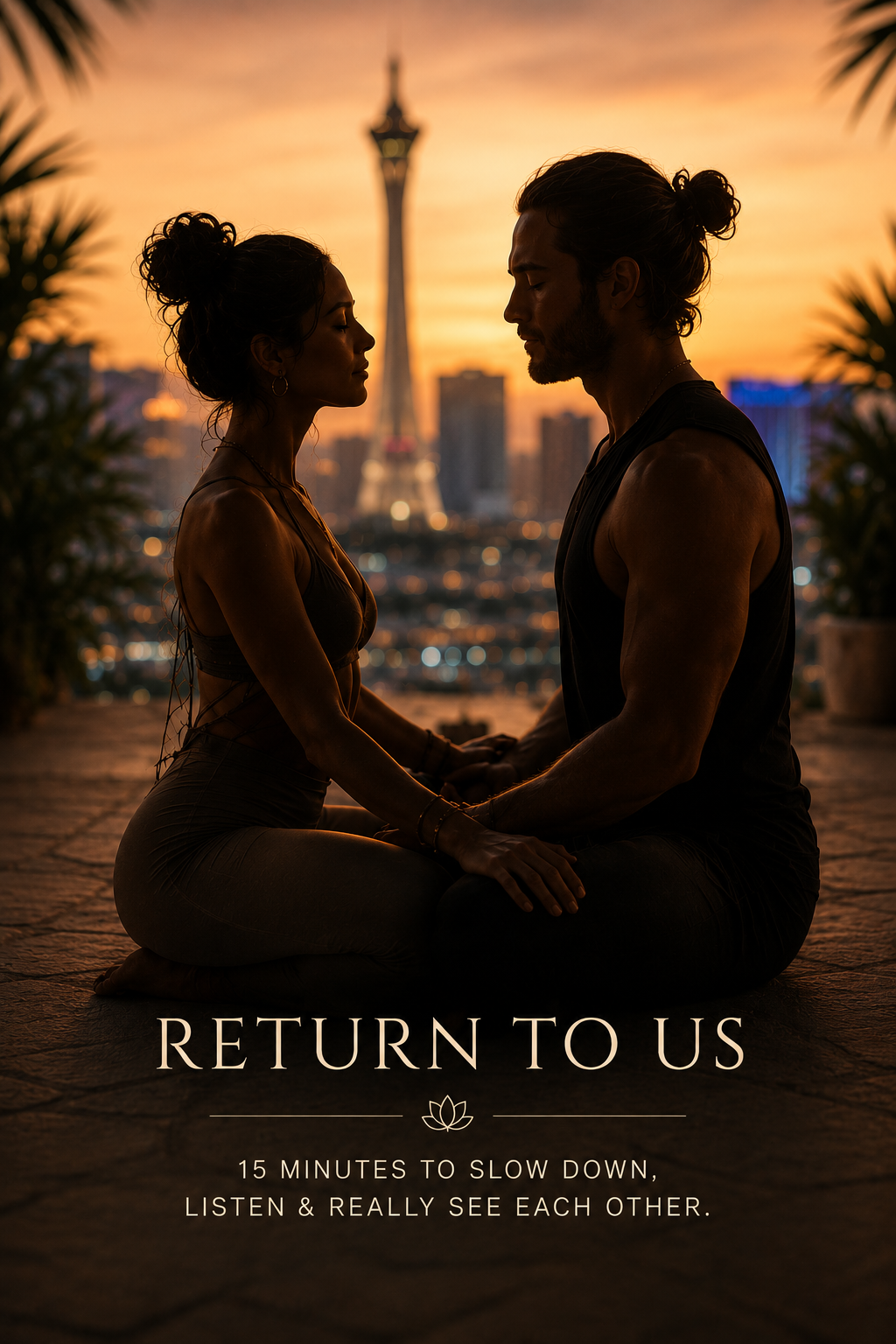 Couple practicing mindful connection and partner yoga overlooking the Las Vegas skyline at sunset.