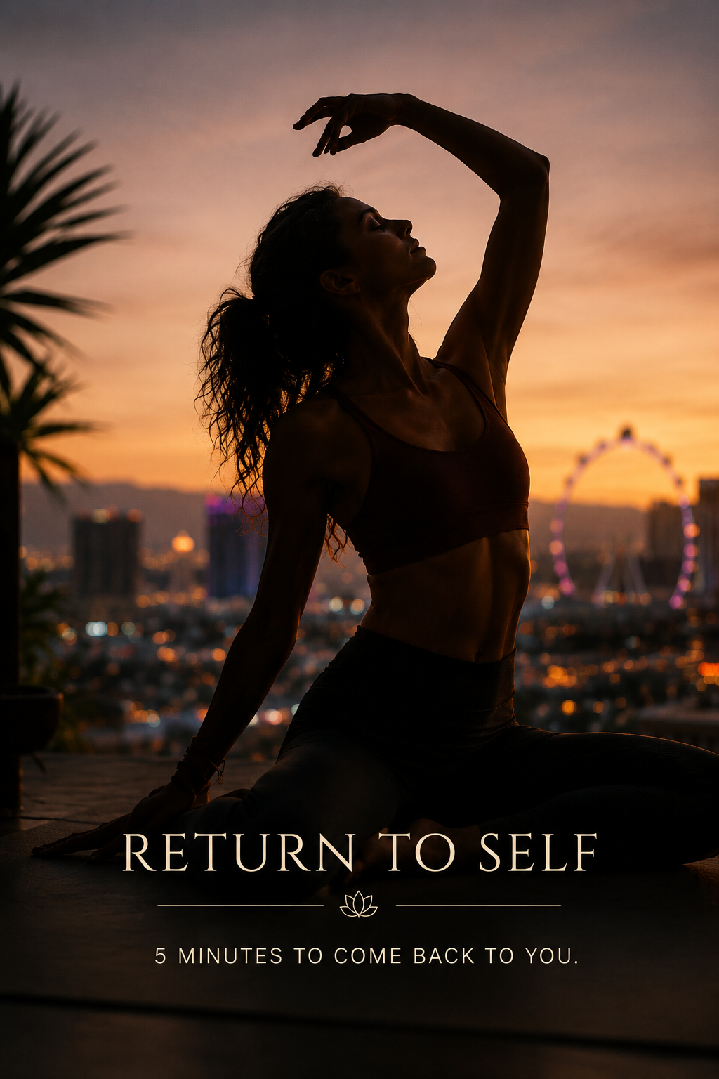 Woman practicing sensual yoga at sunset overlooking the Las Vegas skyline.