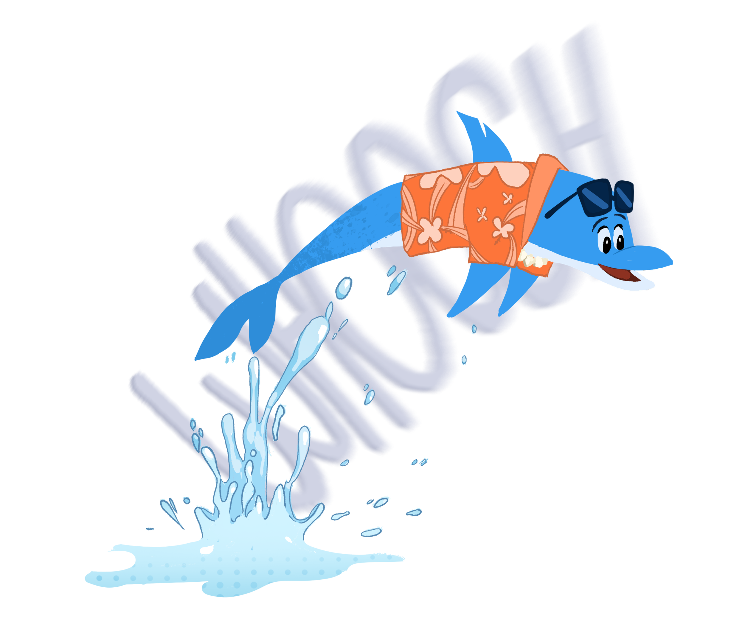 Cartoon shark wearing sunglasses and a Hawaiian shirt, lying on a pool float, with water splashing around.