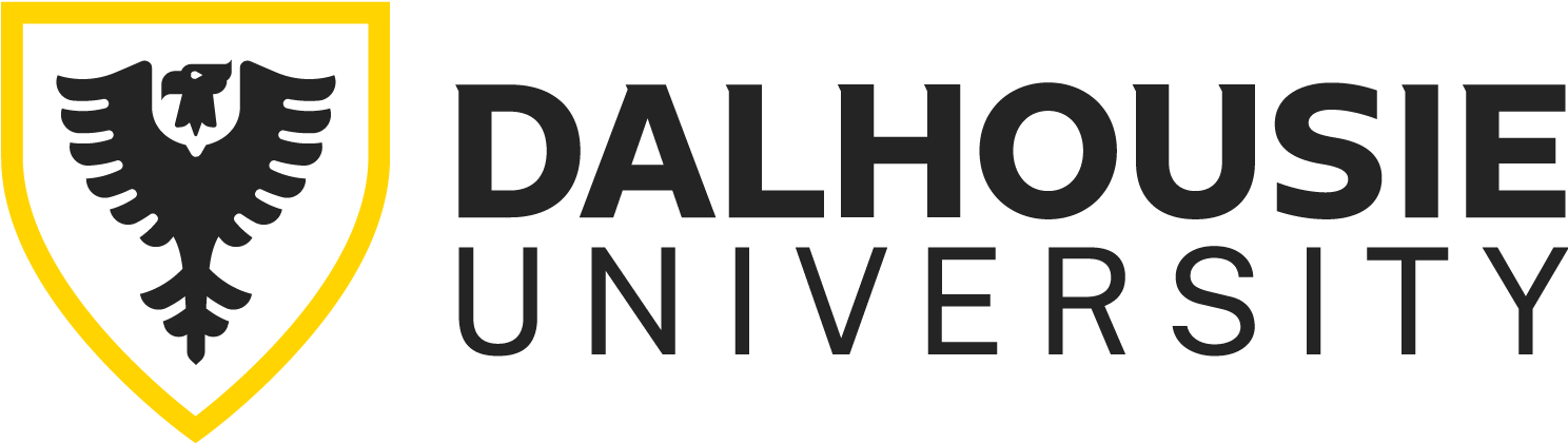 Dalhousie University logo with a black shield containing a black eagle and a yellow border, accompanied by the university name in black text.