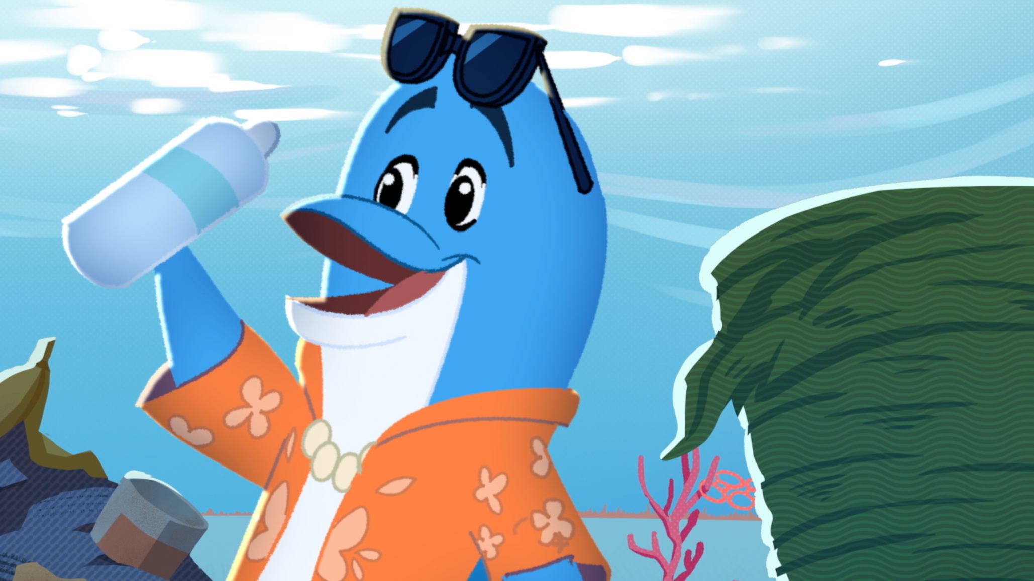 Dolphin Dude holding a bottle, standing near a body of water with a rocky and coral background.
