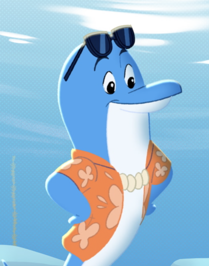 Dolphin Dude, standing with its hands on its hips in an underwater environment.