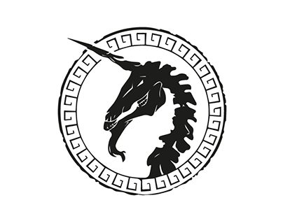 A stylized dragon head within a circular Greek key pattern border.