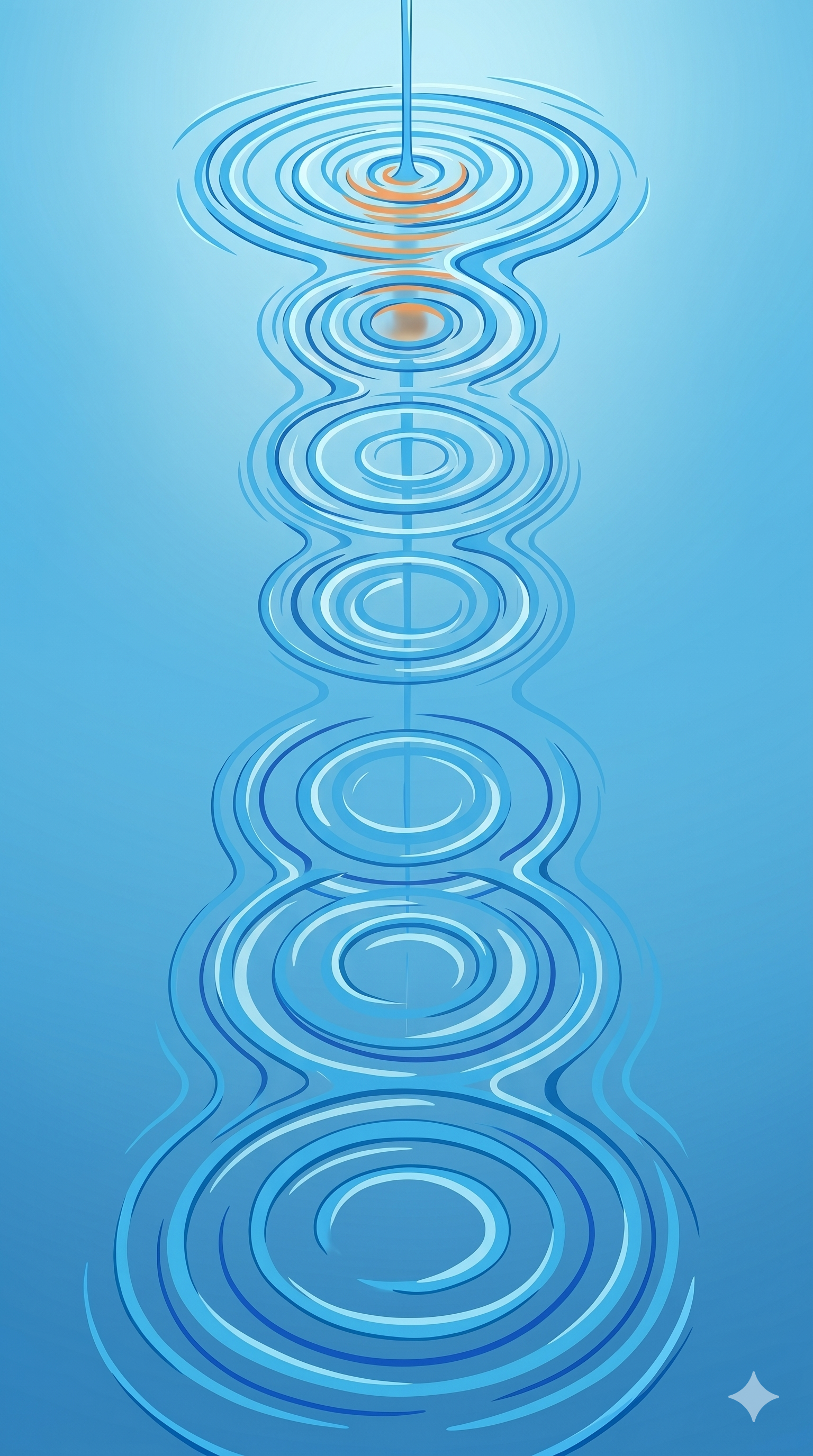 Illustration of water droplets falling into a calm blue water surface, creating ripples that extend outward in circular patterns.