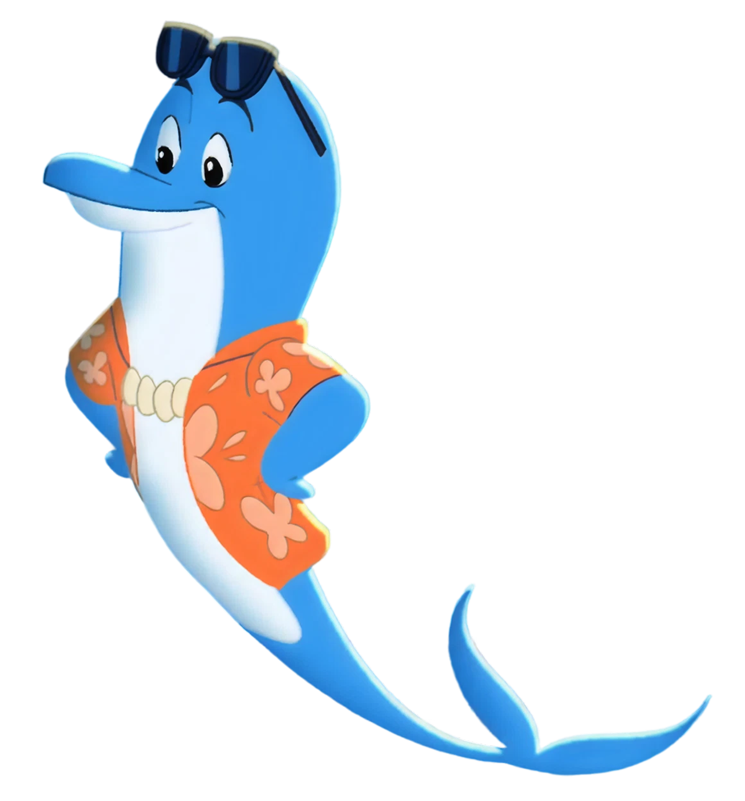 Dolphin Dude, Fins on his hips, smiling.