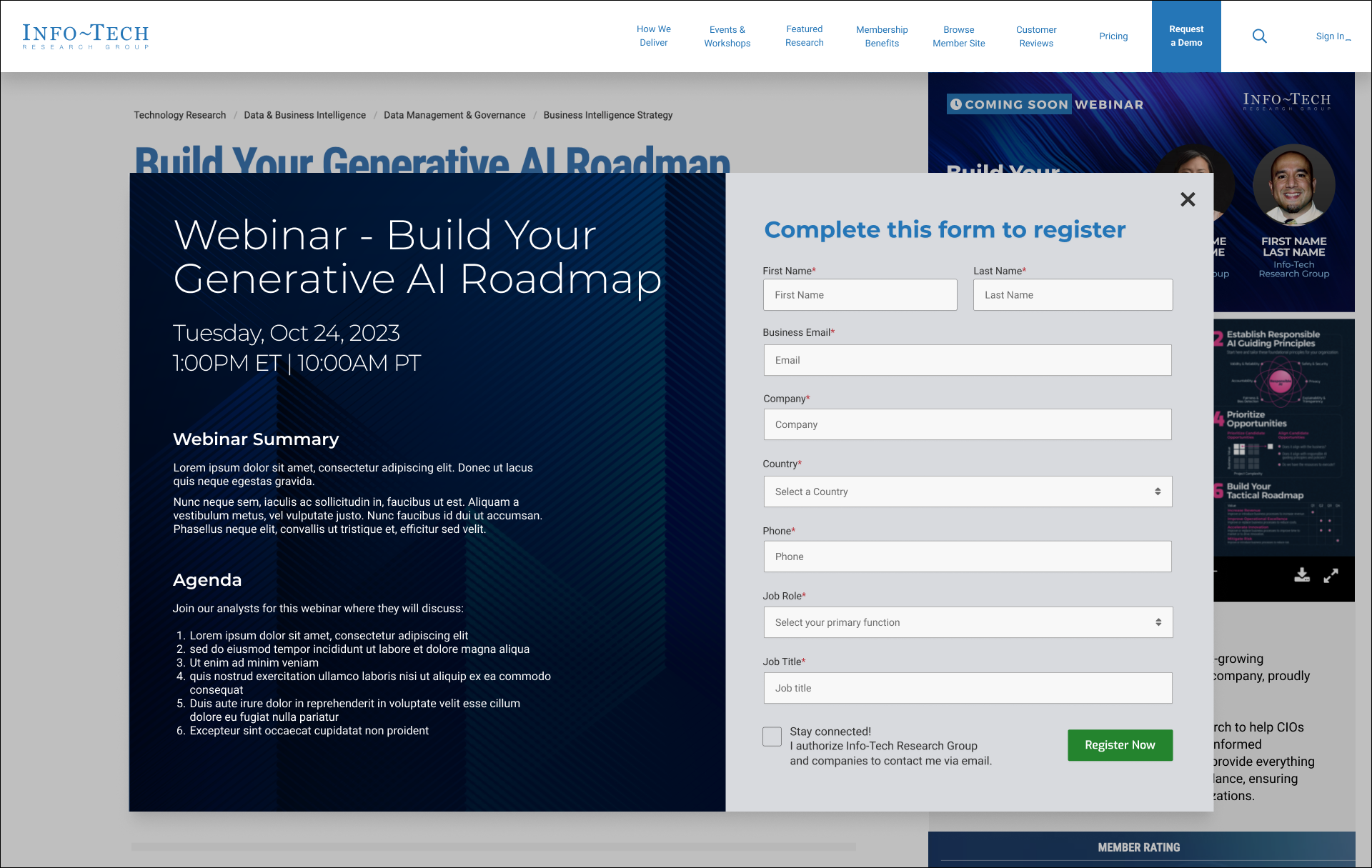 A screenshot of a webinar registration webpage for 'Build Your Generative AI Roadmap' scheduled for October 24, 2023, featuring a registration form, webinar details, and a background graphic with a dark blue overlay.