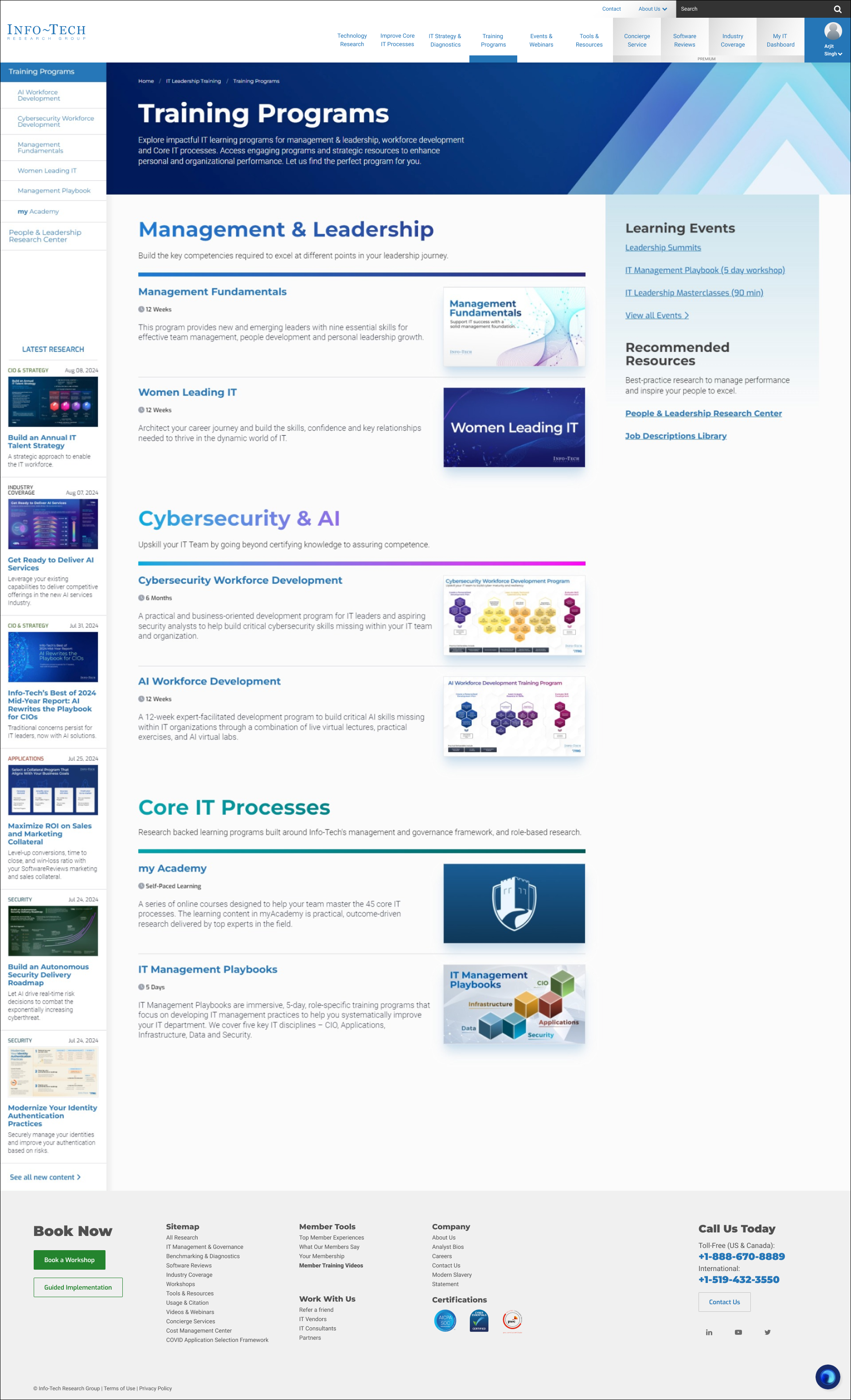 Screenshot of a website for Info-Tech Research Group's training programs, featuring sections on management fundamentals, women leading IT, cybersecurity, AI, core IT processes, and IT management playbooks.