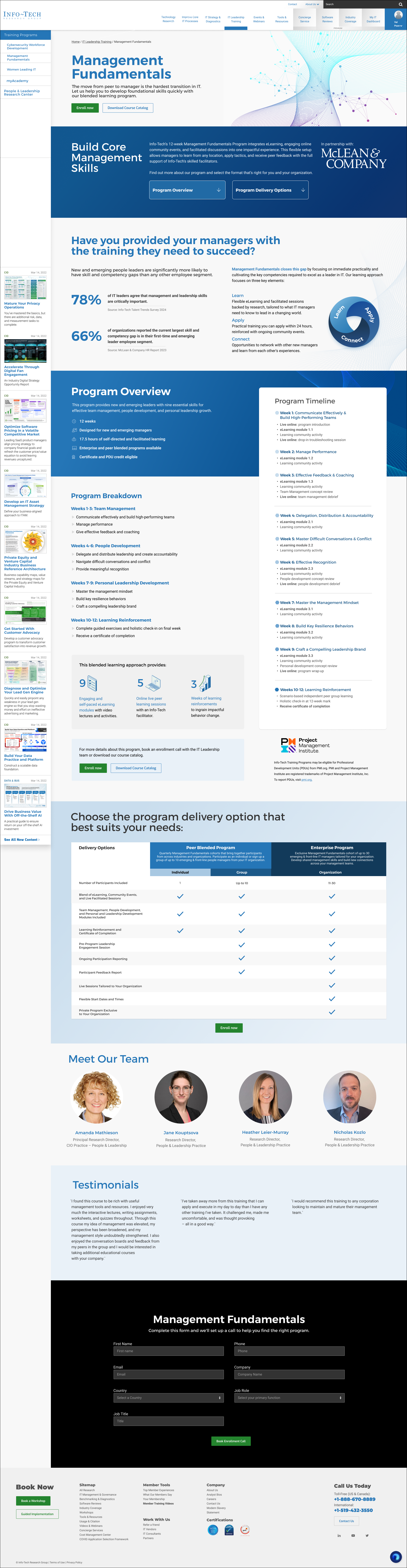 A webpage about management fundamentals with sections on core management skills, program overview, breakdown, delivery options, team photos, testimonials, and a contact form, featuring a blue and white color scheme.