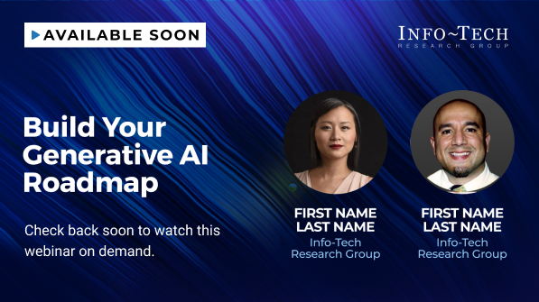Promotional graphic for a webinar on building a generative AI roadmap, featuring headshots of two speakers from Info-Tech Research Group under a blue streaked background.