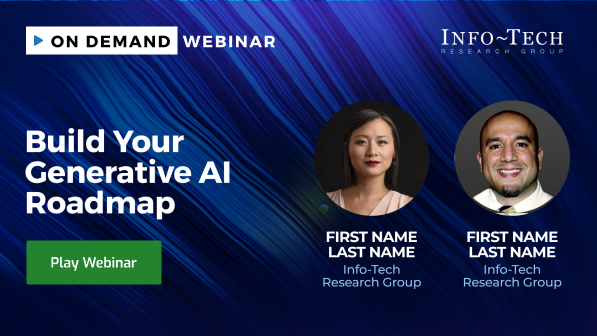 Webinar promotional banner with blue swirling background, featuring headshots of two speakers, titled 'Build Your Generative AI Roadmap', with a green 'Play Webinar' button, and logos for Info-Tech Research Group.