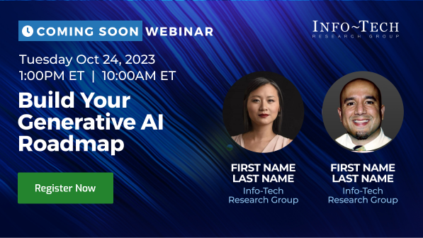 Promotional digital graphic for an upcoming webinar titled 'Build Your Generative AI Roadmap' scheduled for October 24, 2023, at 1:00 PM Eastern Time. The graphic features a blue background with dynamic diagonal lines, images of two presenters (a woman and a man), and a green button labeled 'Register Now'. The event is hosted by Info-Tech Research Group.