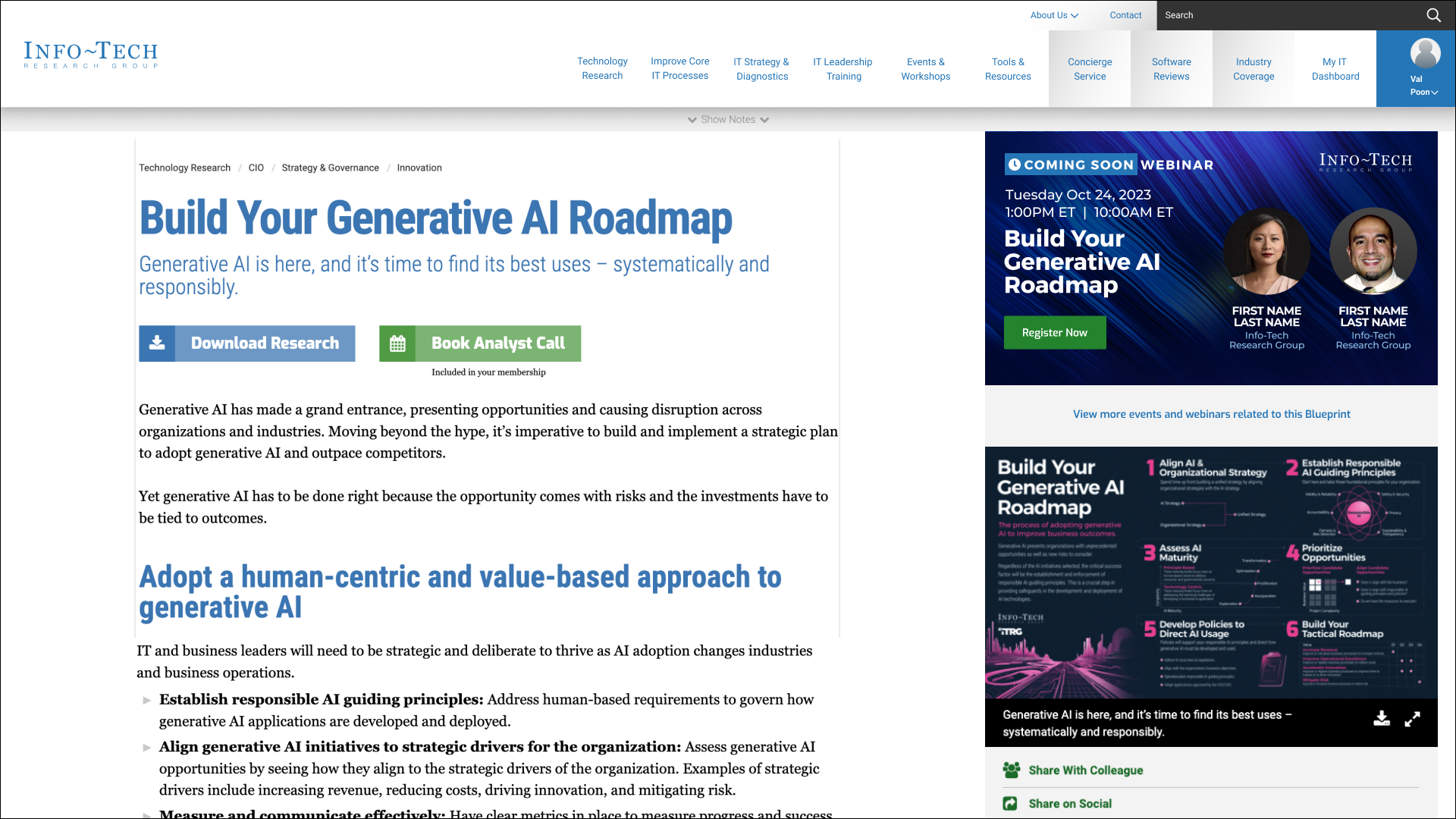Webpage screenshot of an article titled 'Build Your Generative AI Roadmap' with a banner on the right side promoting a webinar on October 24, 2023, featuring two speakers. The main content discusses strategies for implementing generative AI in organizations.