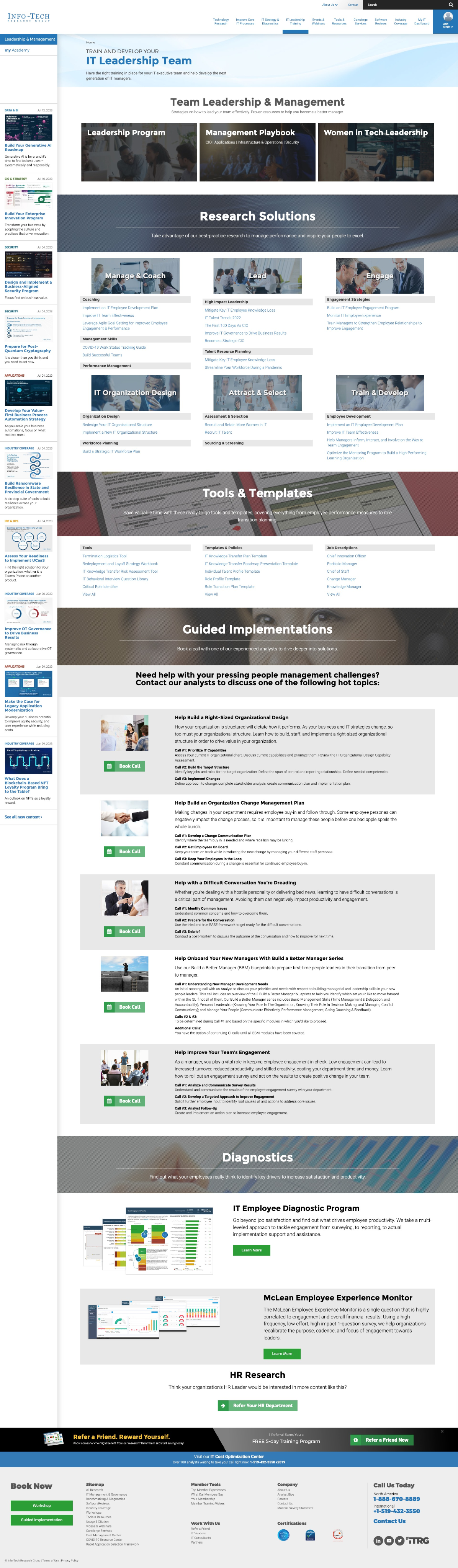 A webpage of an IT leadership training program featuring sections on team leadership, research solutions, tools and templates, guided implementations, diagnostics, and HR research. The page includes images, headlines, and links for various training modules and resources.