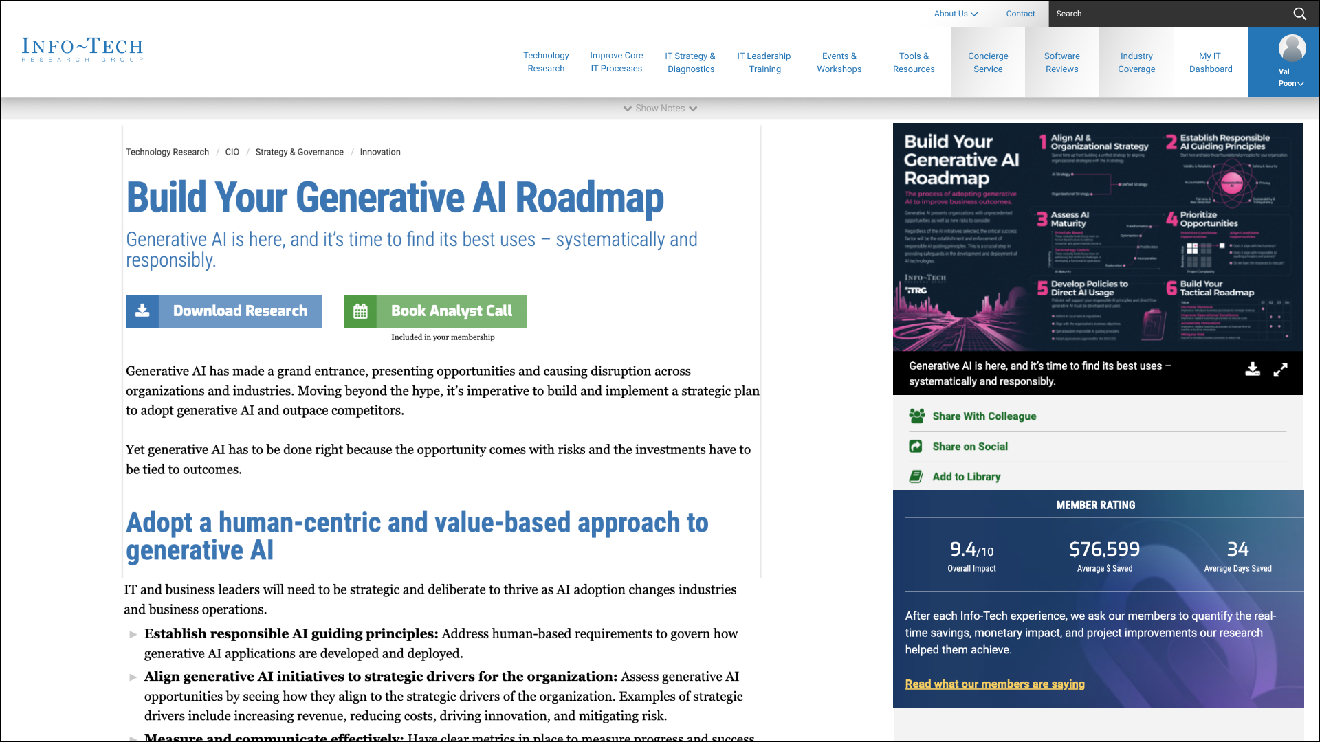 A webpage titled 'Build Your Generative AI Roadmap' with options to download research or book an analyst call. The content discusses strategies for adopting generative AI in organizations, including establishing responsible AI principles, aligning initiatives with strategic drivers, and measuring impact. The right side features a visual infographic outlining the six steps for building a generative AI roadmap, member ratings, and options to share or add to the library.