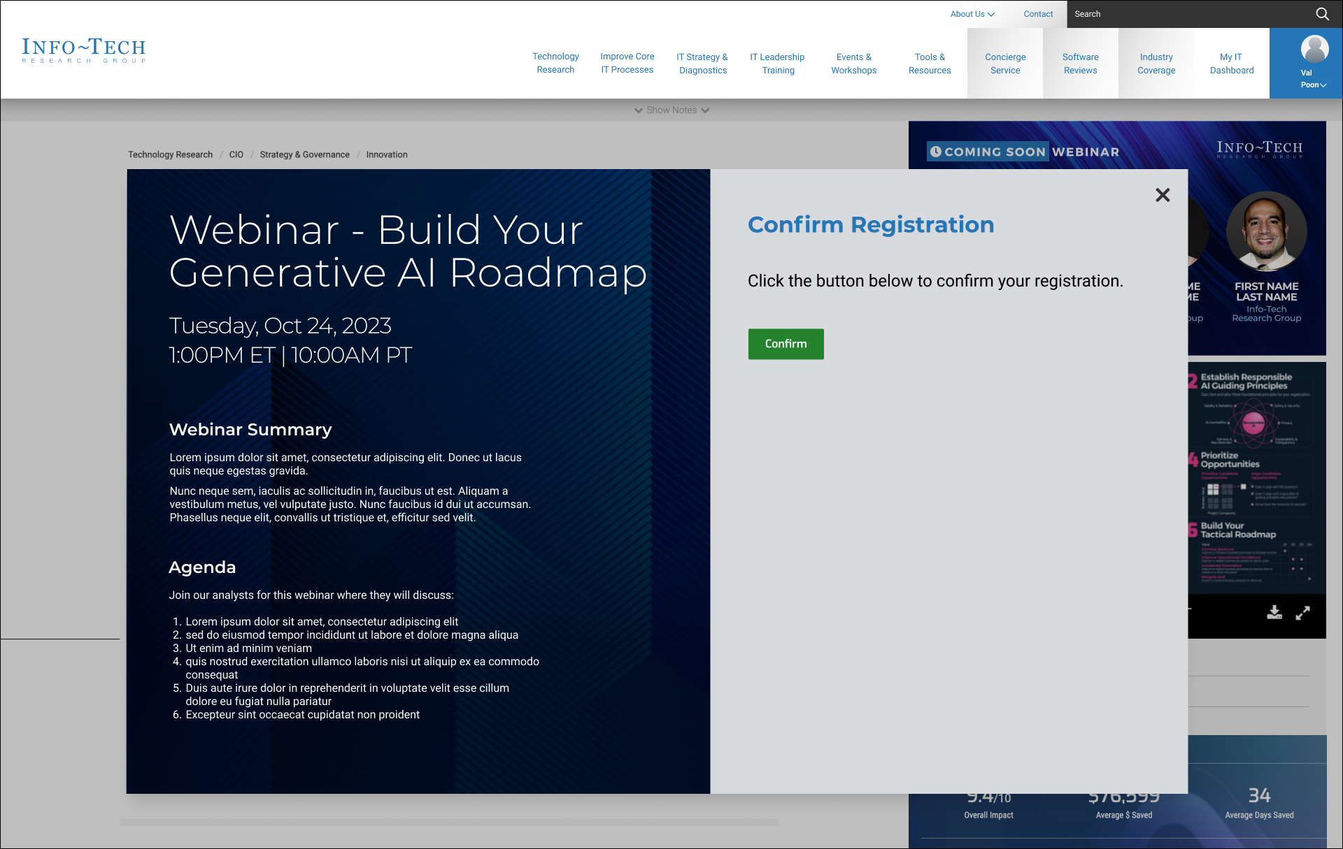 Webinar registration window for 'Build Your Generative AI Roadmap' on October 24, 2023, at 1:00 PM ET / 10:00 AM PT, with a confirm registration button on the right.