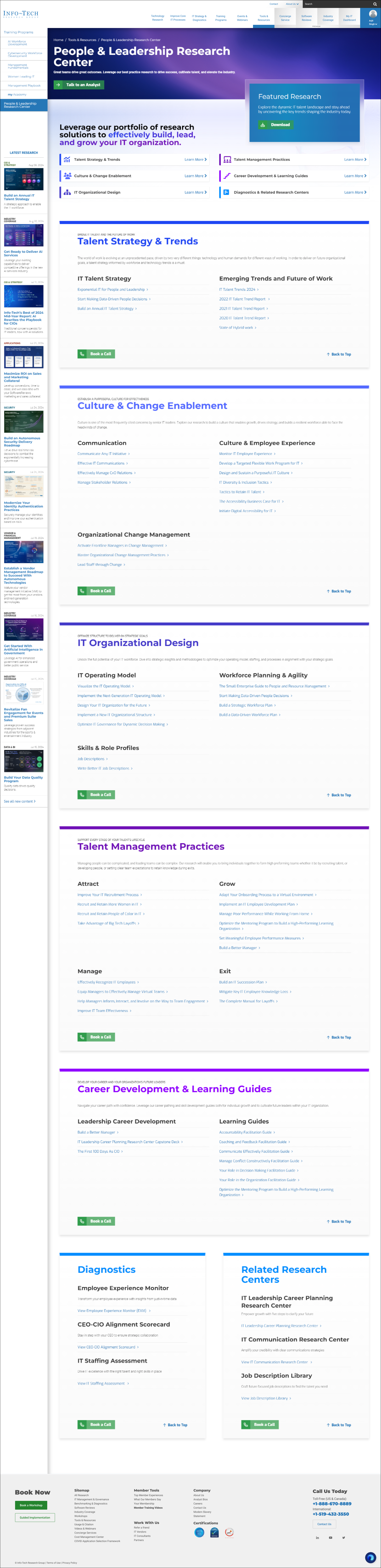 Screenshot of the People & Leadership Research Center website homepage, featuring sections on Talent Strategy & Trends, Culture & Change Enablement, Talent Management Practices, Career Development & Learning Guides, Diagnostics, Related Research Centers, and contact options.