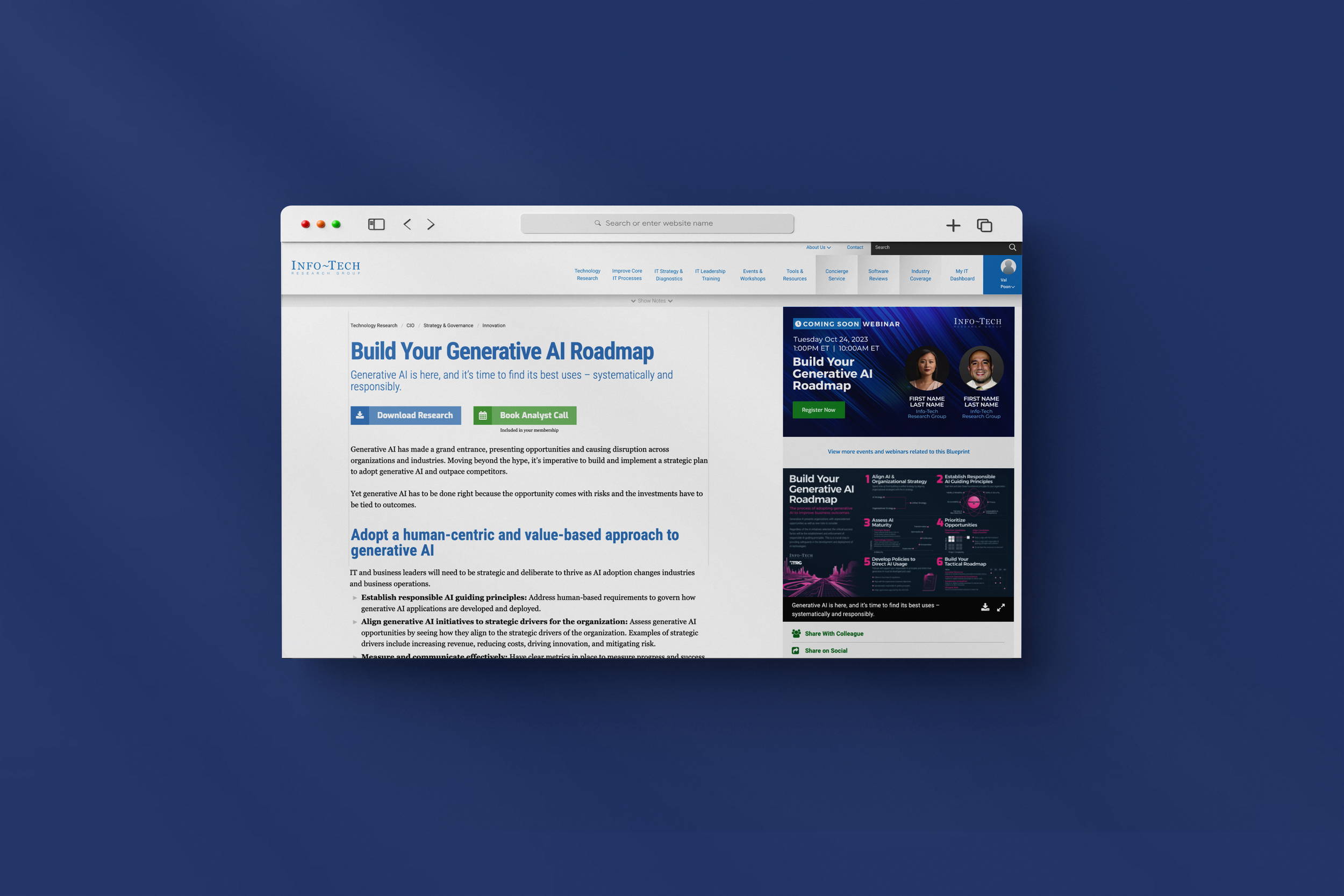 Computer screen showing a webpage titled 'Build Your Generative AI Roadmap' with research download and webinar promotion