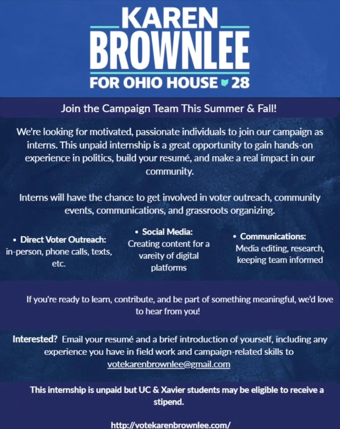 If you are a high school student, college student, or recent graduate looking to get involved and make a difference, we are now hiring for summer and fall internships!

#internship #democracy2026 #Great28 #karenbrownleeohio