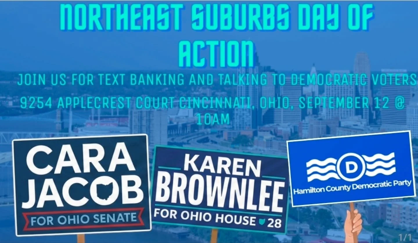 Join us September 12 for our first Day of Action in the NE suburbs of Hamilton County. 

Volunteers interested in canvassing, text banking, and democracy welcome!

Sign up here:
https://www.mobilize.us/hamiltoncountydems/event/1026935/