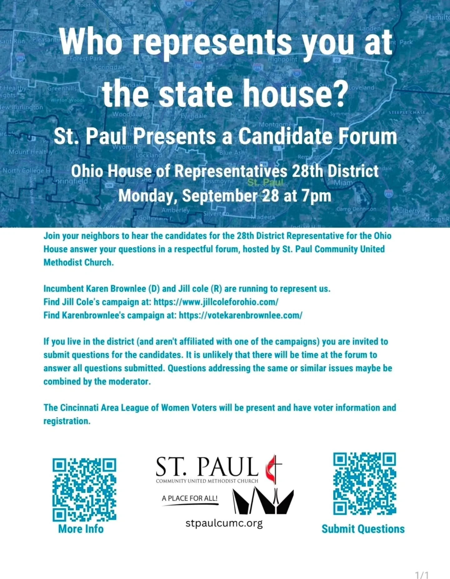 Democracy is at the heart of this campaign, so I hope you can join us on September 28 for a District 28 candidate forum!

Scan the QR codes for more information or to submit a question.

#democracy2026 #democracyinaction #Great28 #karenbrownleeohio
