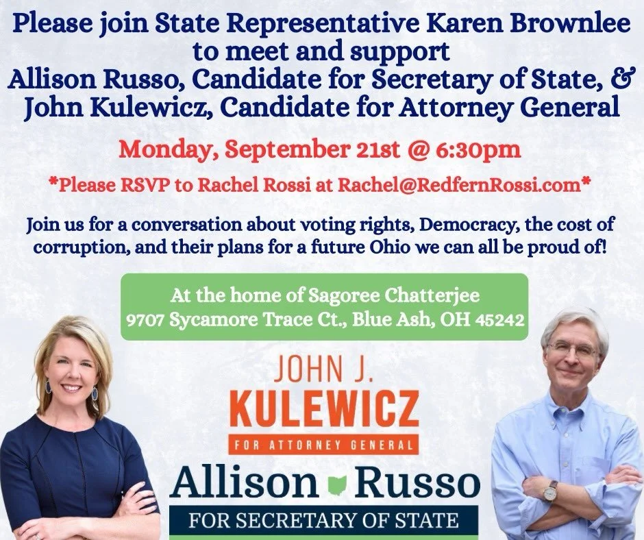 Join me Monday, September 21st at 6:30pm as we welcome @russo4ohio (Allison Russo Candidate for Secretary of State) and @john.kulewicz (John Kulewicz Candidate for Attorney General) to Cincinnati for a conversation that matters voting rights, the cos