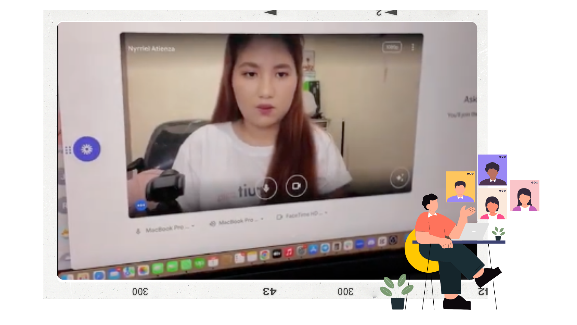 A woman with long reddish-brown hair wearing a white shirt is seen on a computer screen, which appears to be a close-up of a webcam view. The background shows a beige wall and a chair. The computer screen displays various icons and text, including the words 'MacBook Pro' and 'FaceTime HD.'