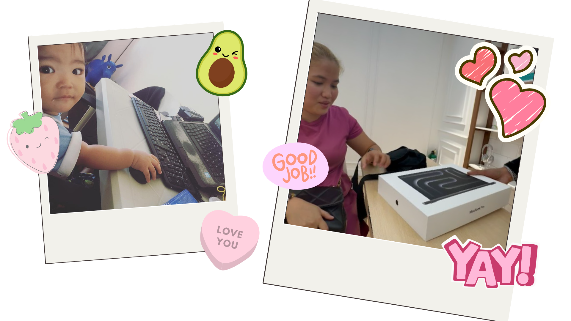 Two women and a child at a table with new Apple MacBook Pro and a computer with a keyboard and mouse, surrounded by colorful stickers and notes. One woman is sitting with the box open, and the other woman is sitting nearby, both smiling and ready to use the new computer.