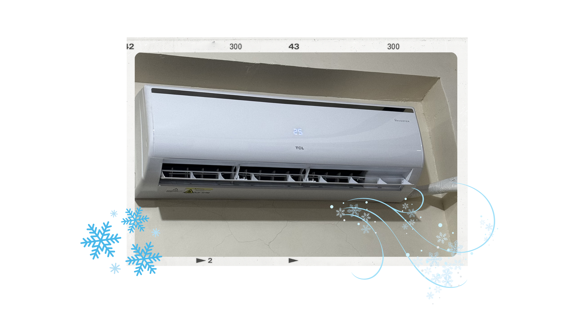 A wall-mounted TCL air conditioner with digital temperature display reading 25 degrees, located indoors on a beige wall.