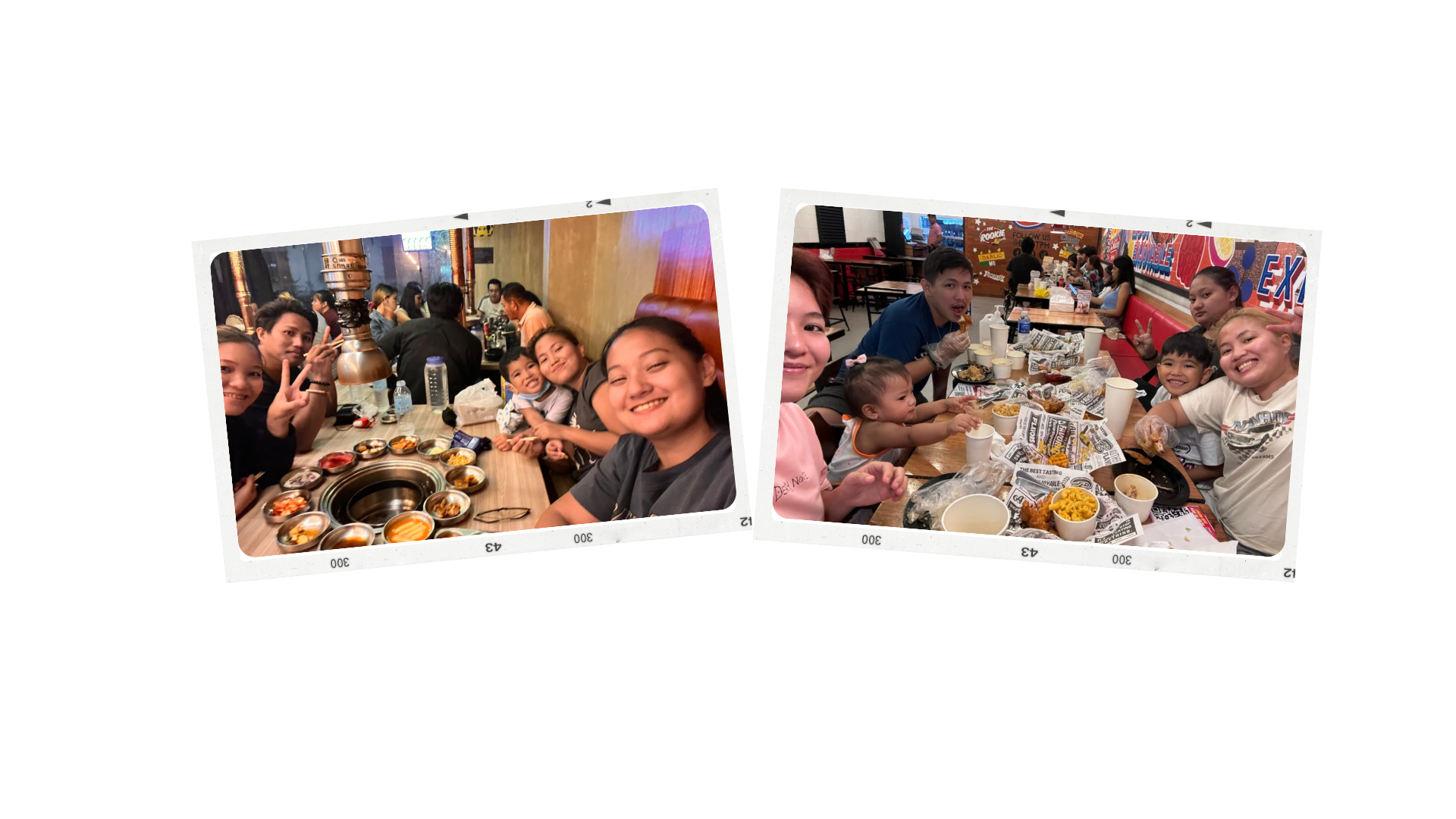 Group of people enjoying Korean BBQ at a restaurant, smiling and making peace signs, with food on the table.