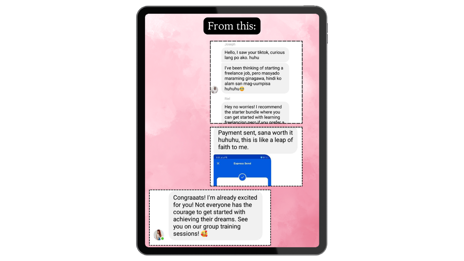 Screenshot of a mobile phone displaying a chat conversation on a pink background. The conversation includes messages discussing starting a freelance job, payment, and group training sessions, with images of a payment confirmation and a training session.