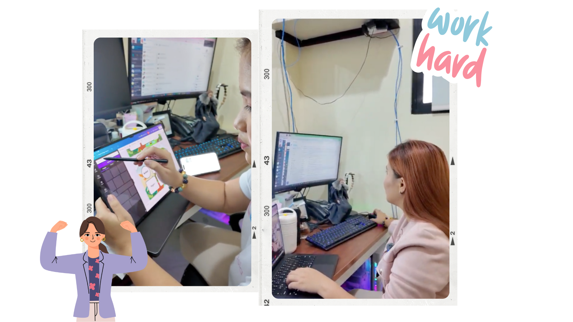 Two women working at desks with computers, one using a tablet and stylus, the other using a desktop computer, with the saying 'Work hard' in colorful text