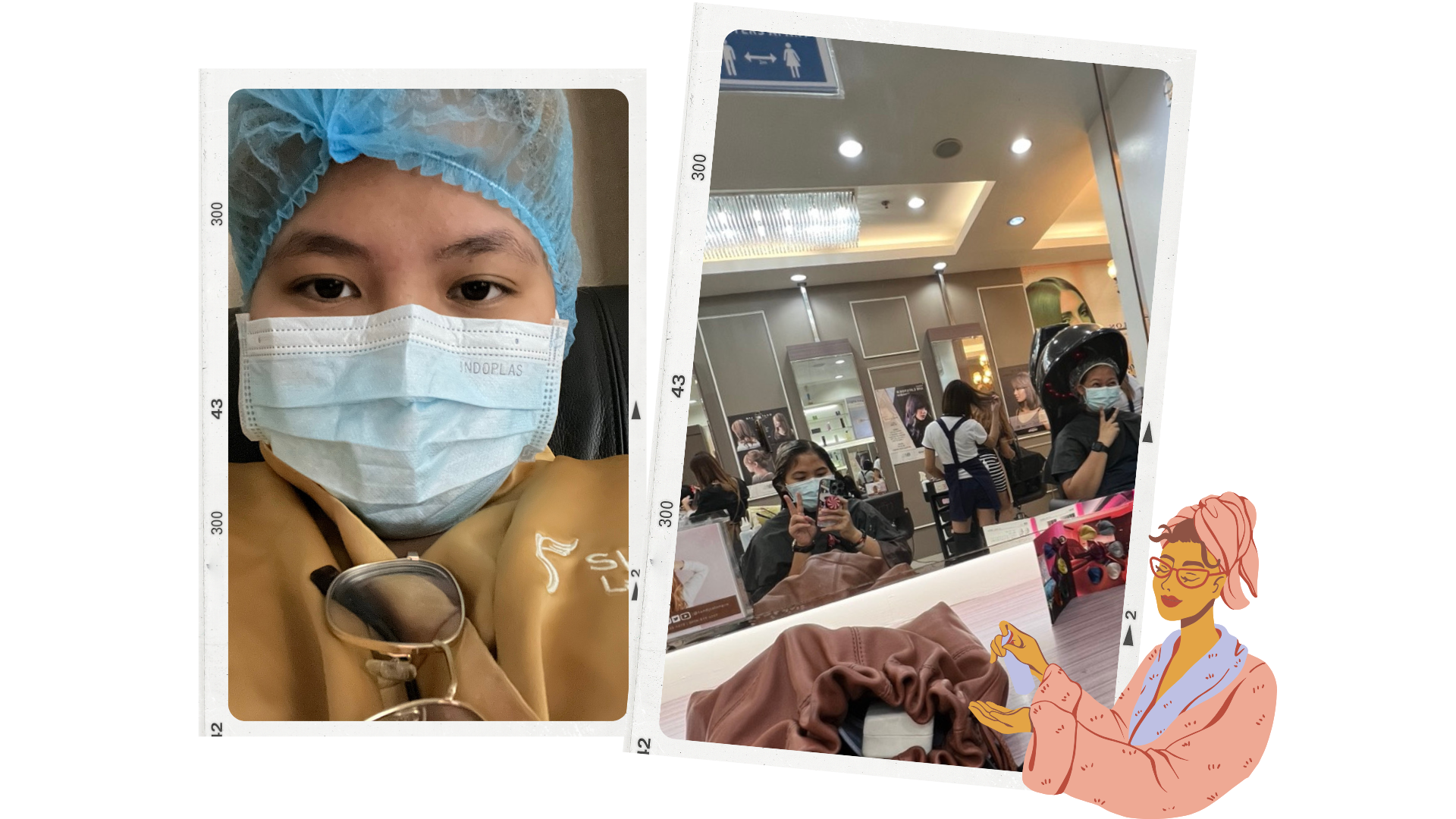 A collage of two photos. The first photo is a close-up of a woman wearing protective gear, including a blue hairnet, face mask, and a tan uniform with clients' glasses hanging from her neckline. The second photo shows a busy indoor setting, likely a shopping mall or store, with people wearing face masks; some are seated and others are standing, including a woman taking a selfie and a person wearing a helmet for motorcycle riding.