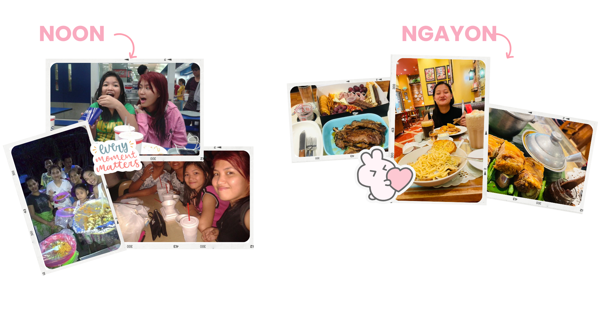 Collage of photos showing people enjoying meals and celebrating together at a restaurant and a party with balloons and cake.