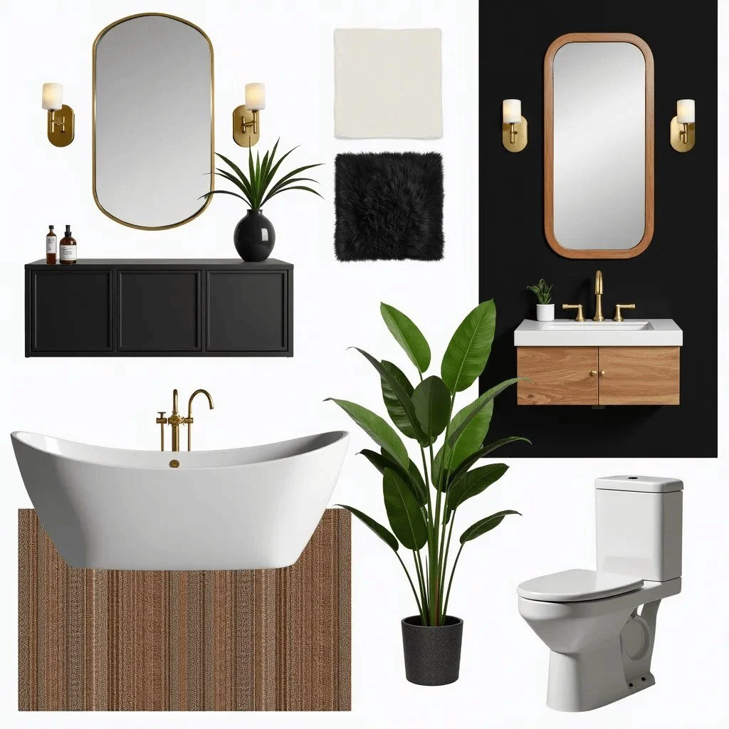 π Fall in Love with Your Bathroom Again
This bathroom mood board is proof that style and practicality can go hand in hand.
From rich textures and natural tones to sleek black cabinets and soft gold fixtures, every detail is designed to elevate your