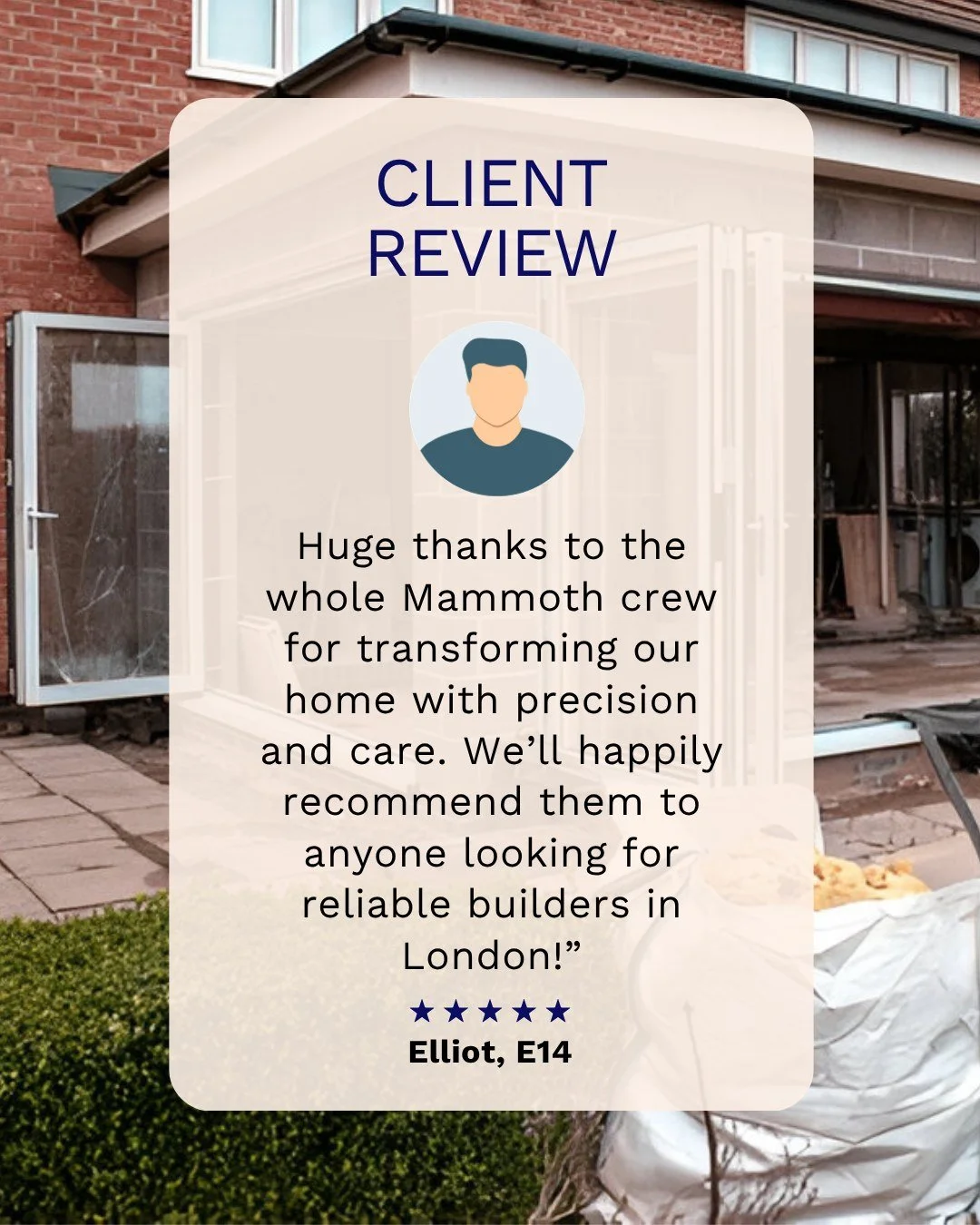 π‘ Another Happy Homeowner in London!
“We couldn’t be more pleased with our single-storey extension in E14. The team at Mammoth Design & Build were exceptionally professional and communicative throughout. They listened to our ideas,