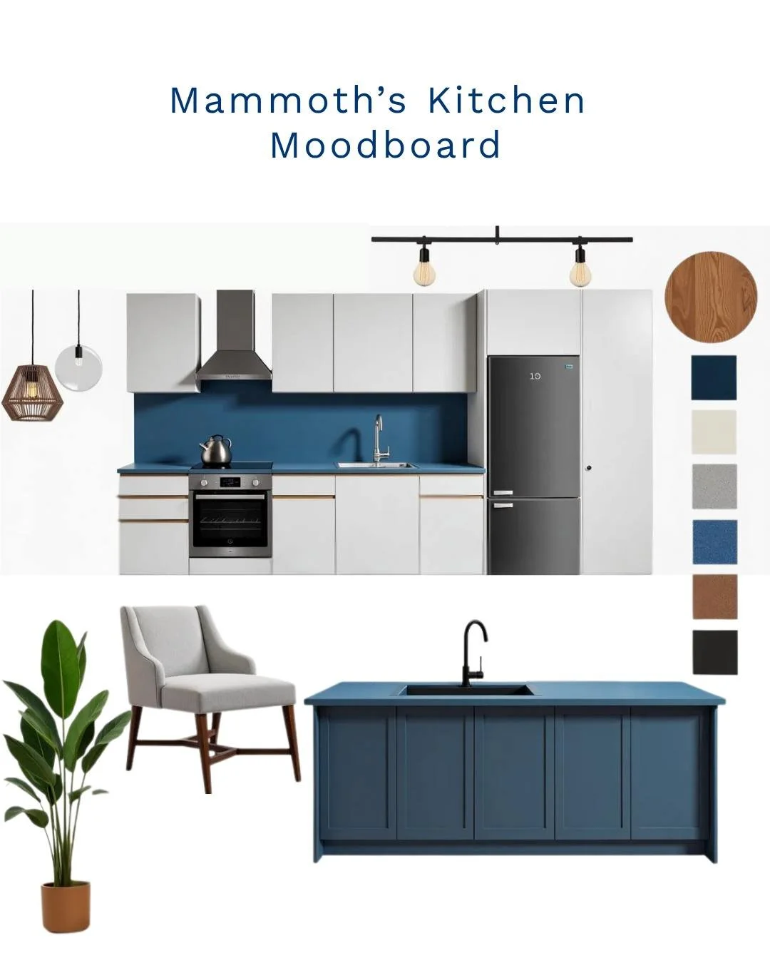 Kitchen Goals? We’ve Got You Covered!
Feast your eyes on this sleek modern kitchen mood board, blending white, light grey, and dark grey tones for a clean, contemporary feel and just look at that bold blue countertop!
Whether you're renovat